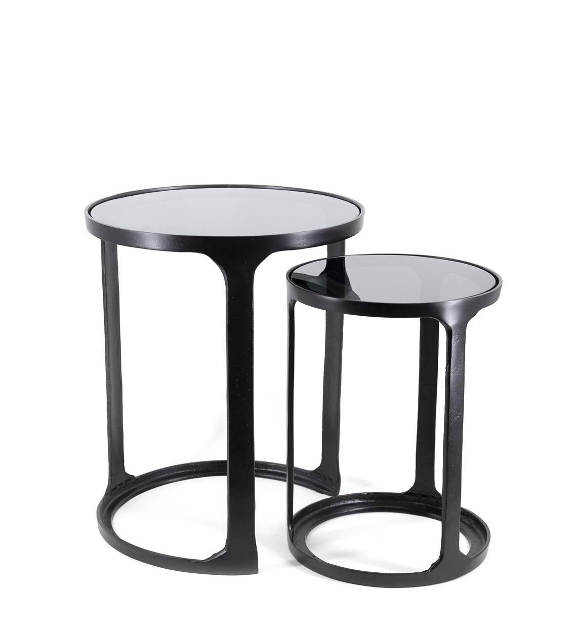 Set de 2 tables d&rsquo;appoint en aluminium noir et verre Ø 40 cm