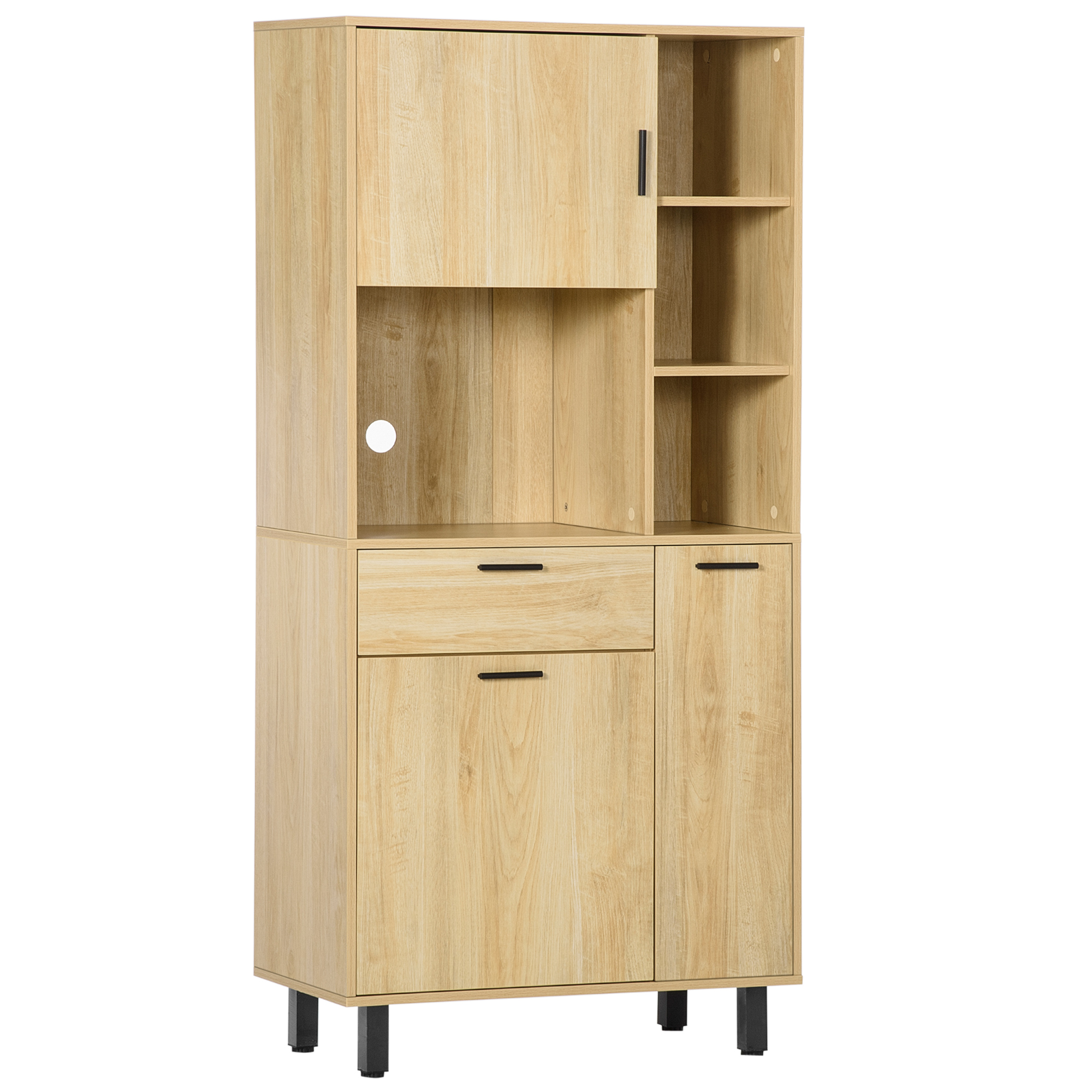 Buffet haut 3 portes, 4 niches, tiroir – métal noir aspect bois clair