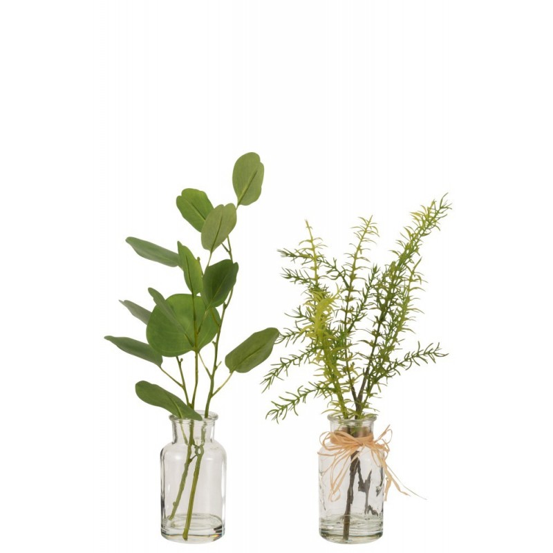 Eucalyptus et branches dans vase en verre en textile vert 21x15x37 cm