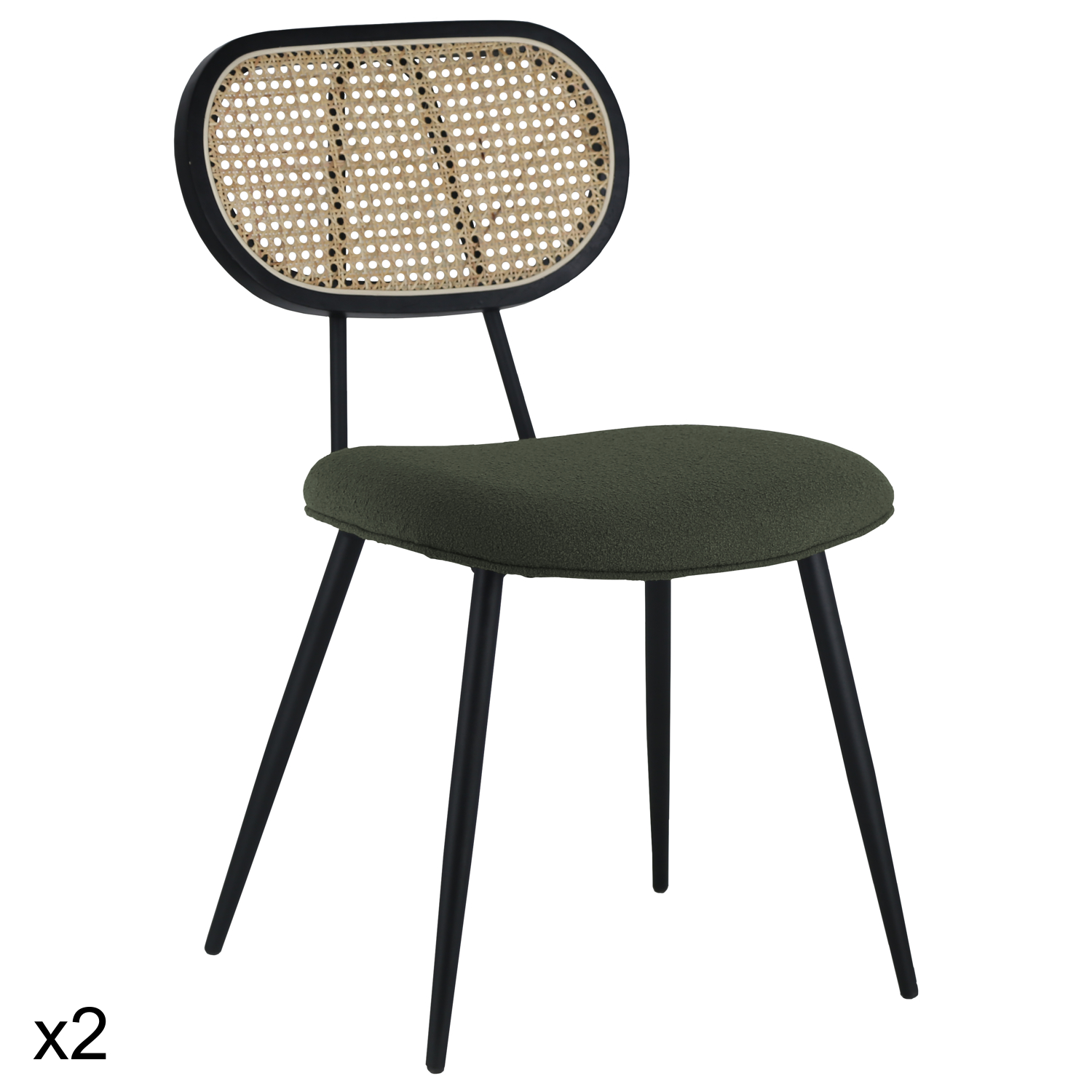 Lot de 2 chaises en cannage et tissu boucle vert kaki