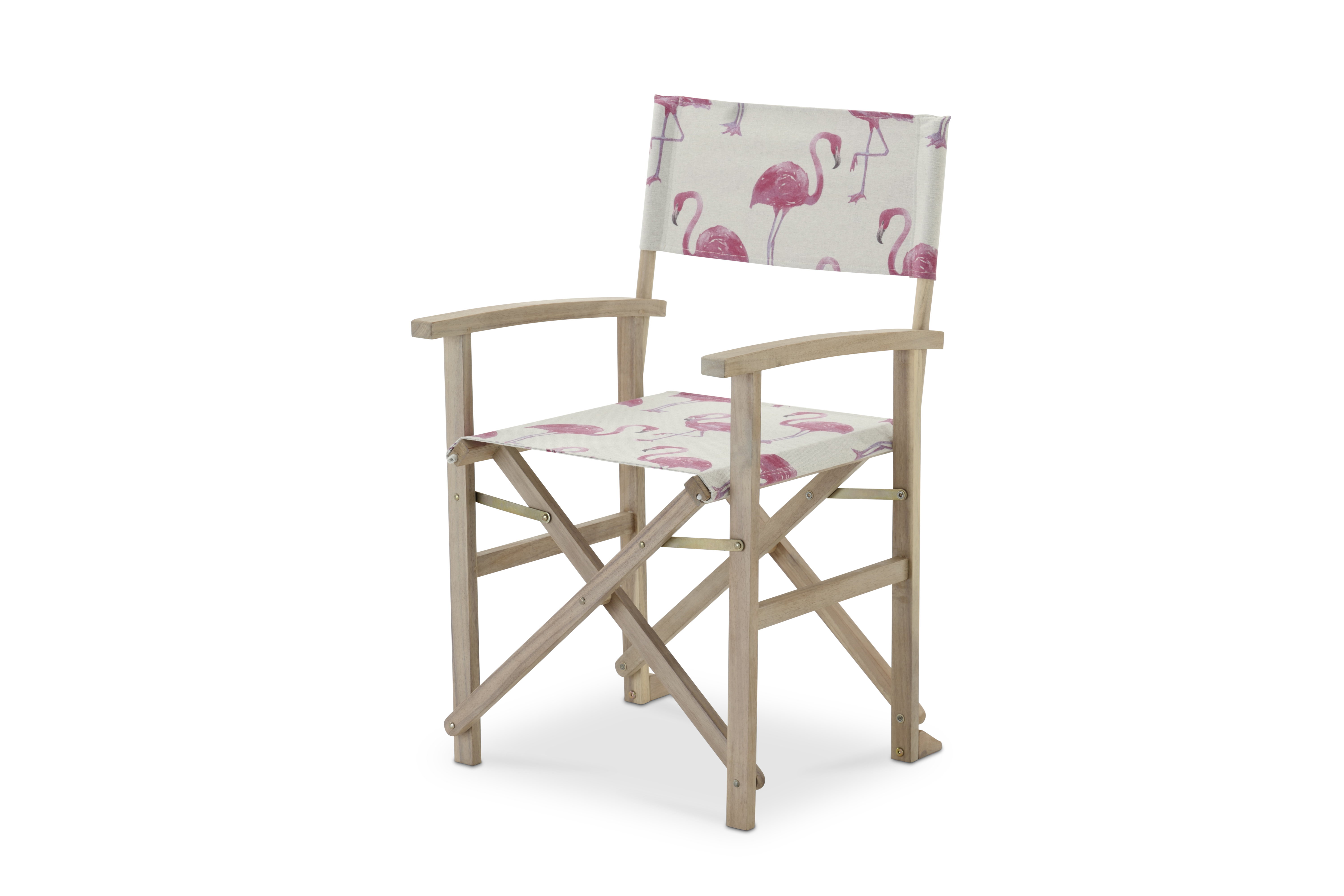 Fauteuil directeur tissu flamants roses bois couleur claire