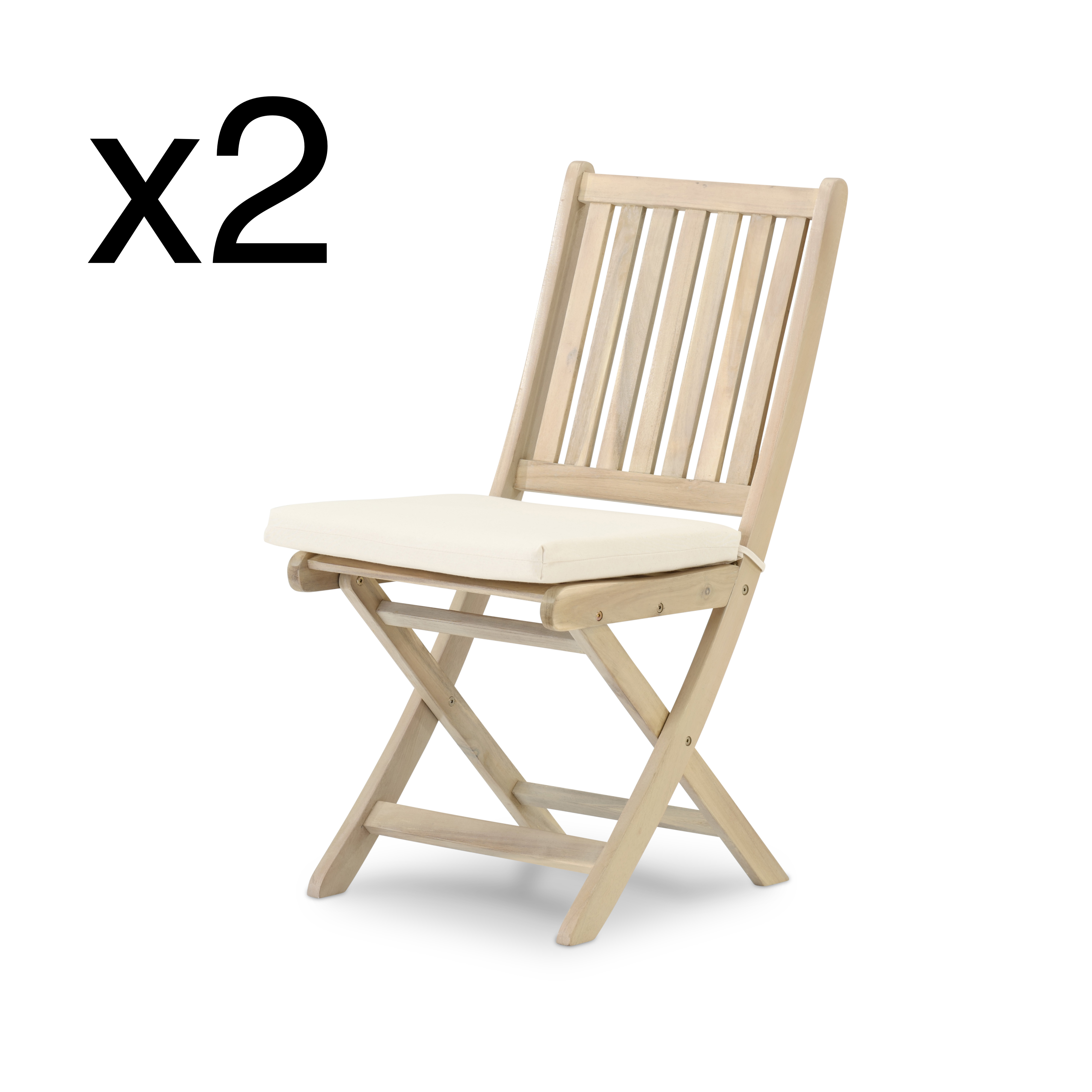 Pack de 2 chaises de jardin pliantes en bois avec coussins inclus