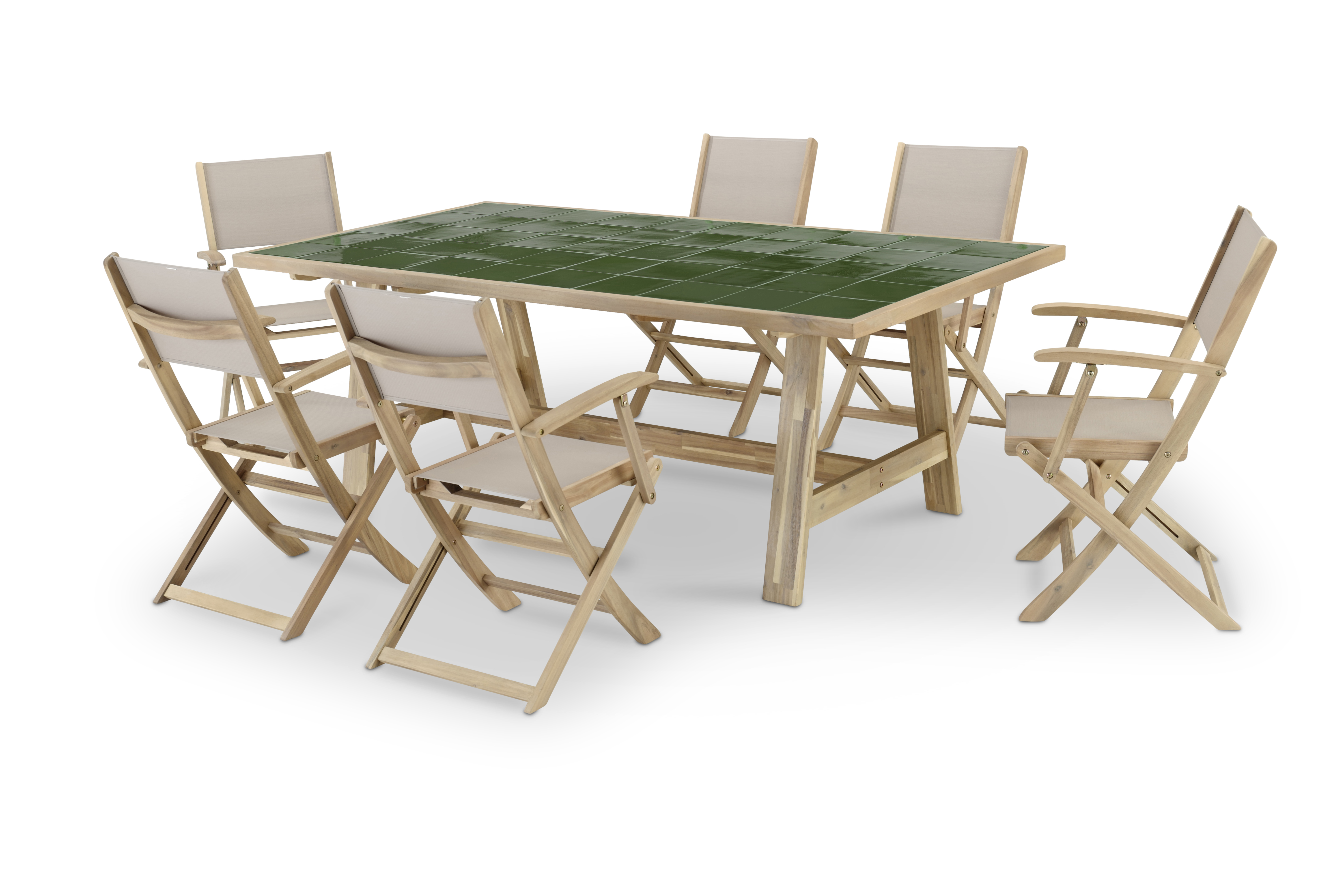 Ensemble table céramique verte 205x105 + 6 chaises textilenne beige