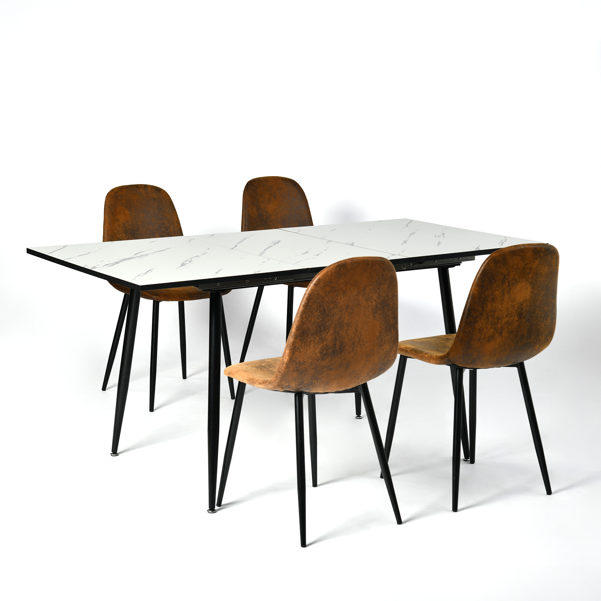 Ensemble table extensible blanc 120-160 et 4 chaises marron vintage