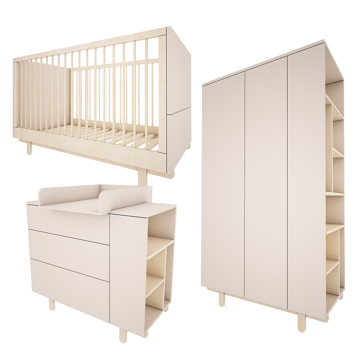 Chambre bébé : Trio - lit évolutif 70x140 commode armoire beige