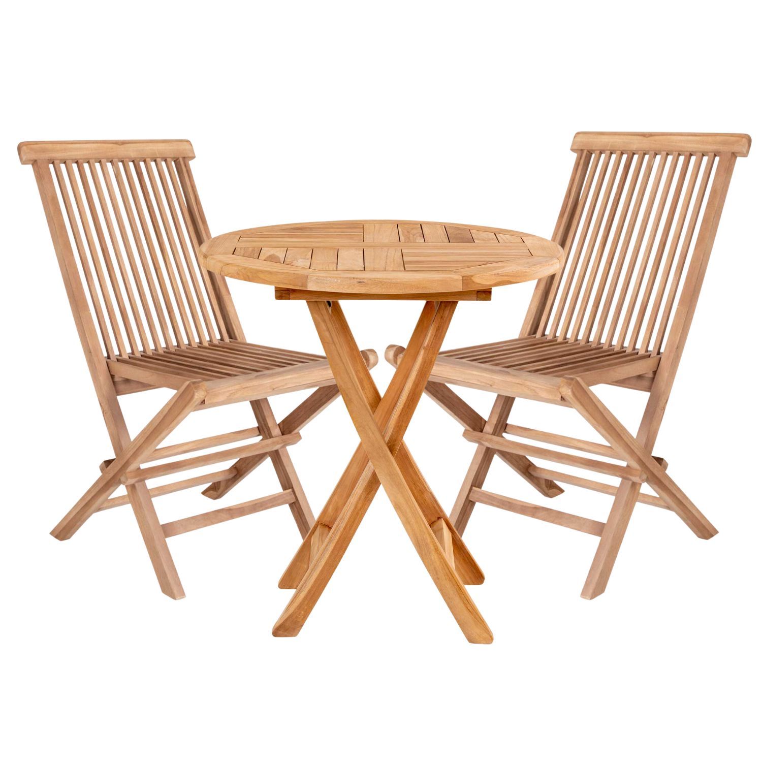 Table de jardin Ø 70 cm + 2 chaises en teck