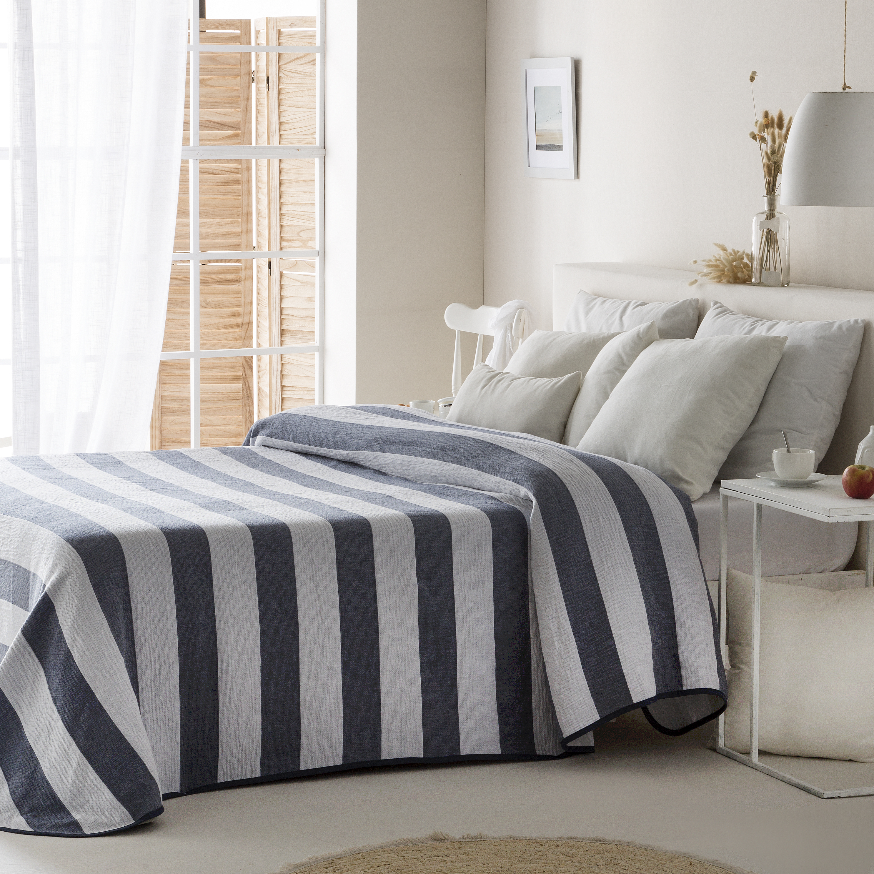 couvre lit en coton rayé bleu-blanc 250x270