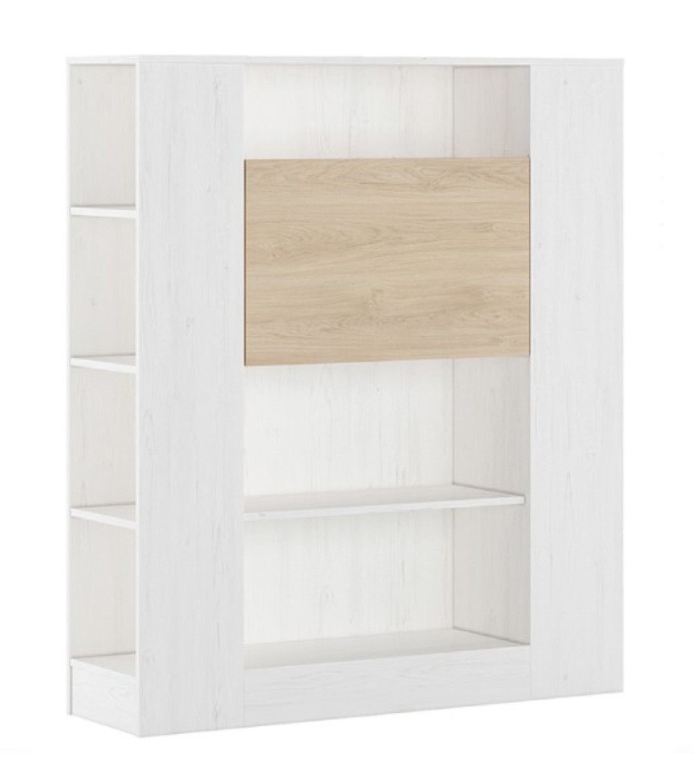 Mueble estantería multifunción mesa abatible en blanco y roble