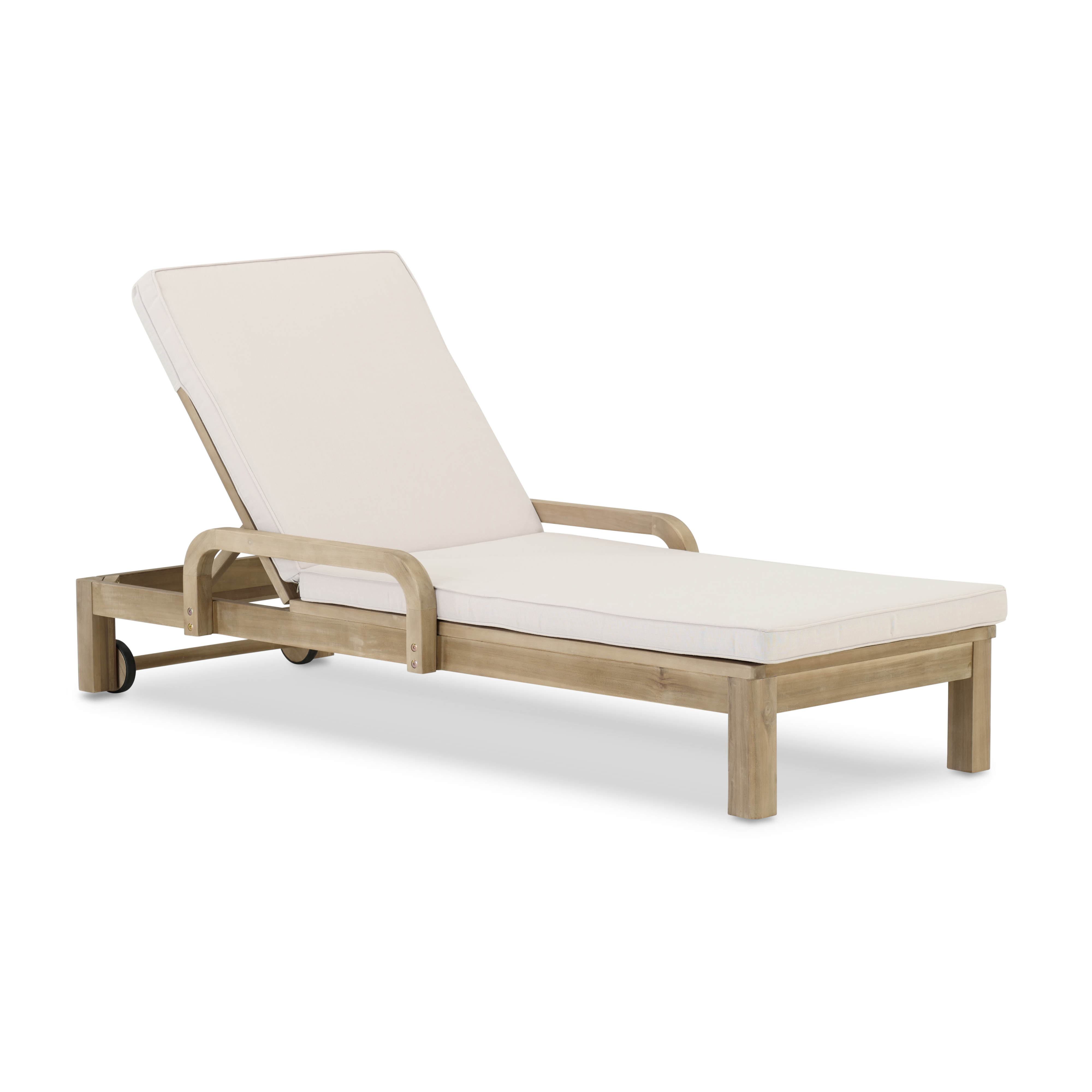 Chaise longue en bois avec coussins et roues