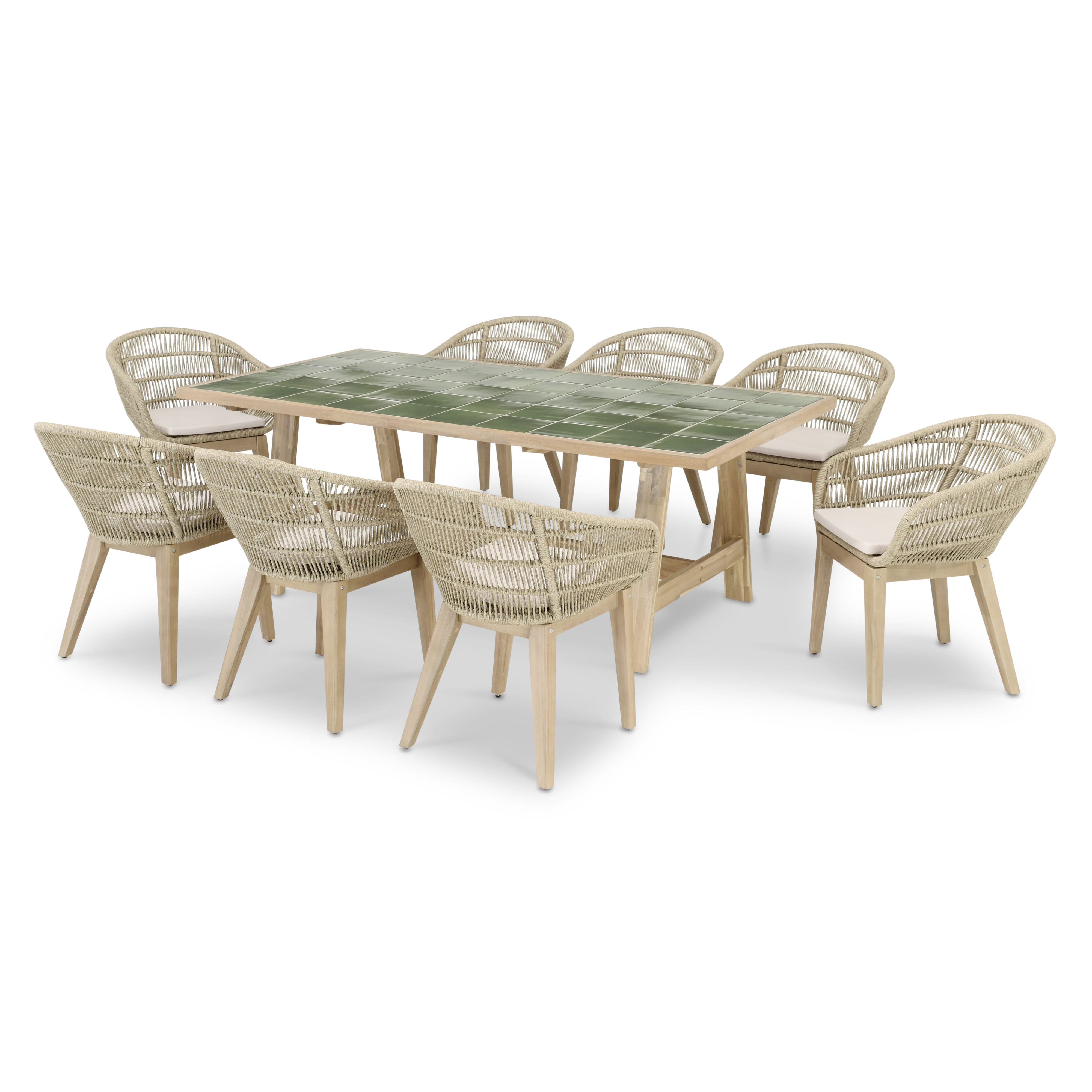 Ensemble de table en bois et céramique verte et 8 chaises en corde