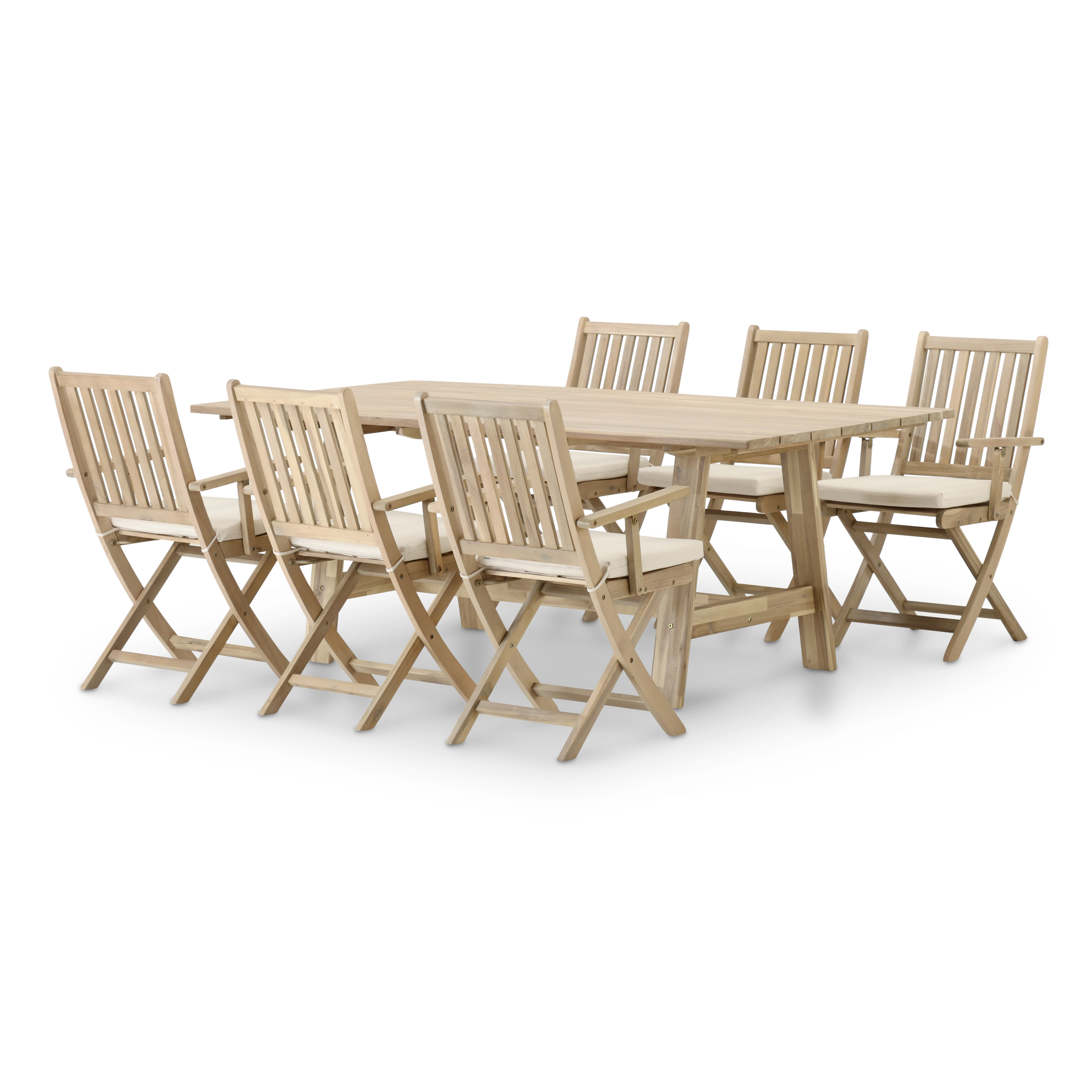 Ensemble table fixe larges lattes 200x100 + 6 fauteuils avec coussins