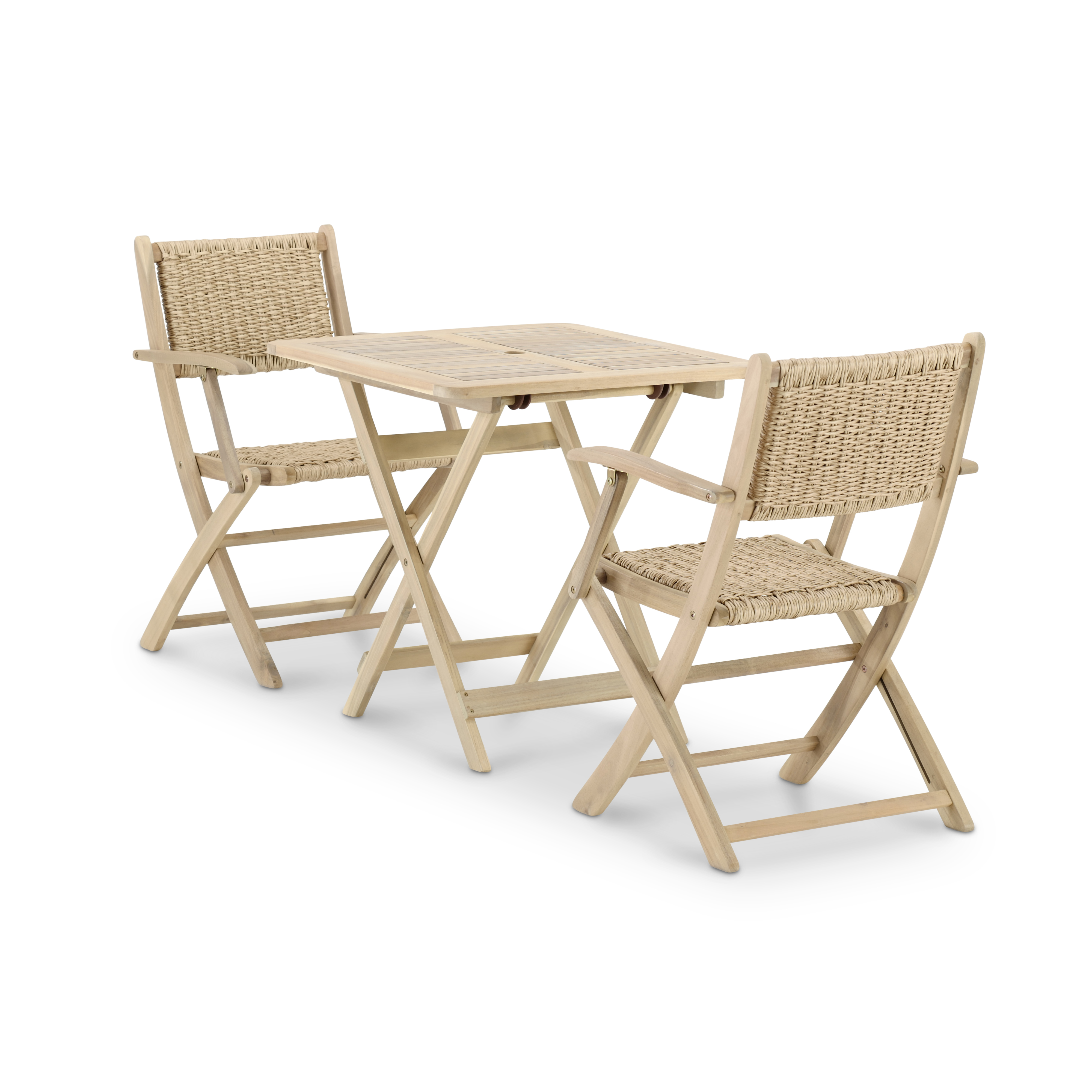 Set balcon table pliante 70x70 + 2 fauteuils bois et rotin synth