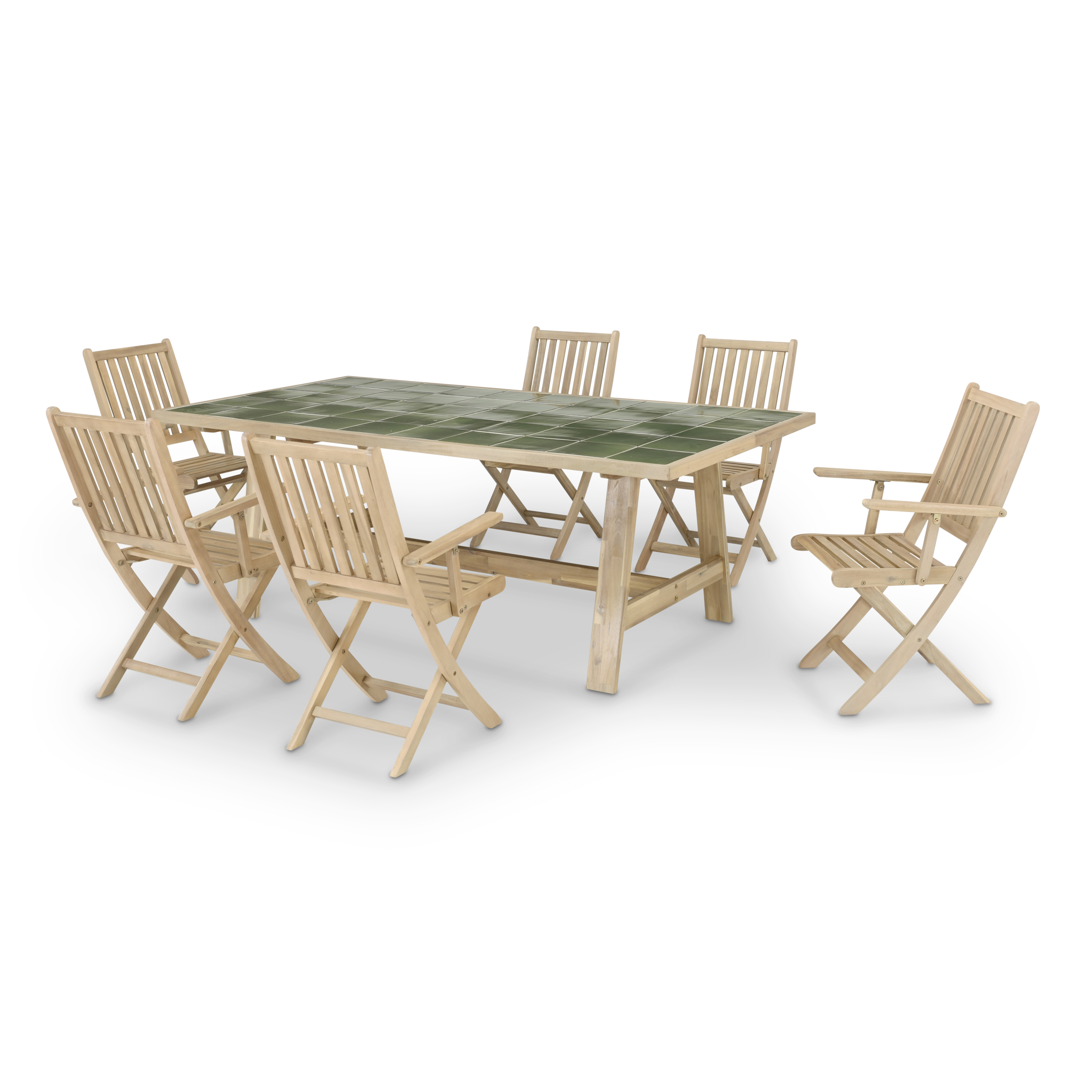 Ensemble table en bois et céramique verte 205x105 + 6 fauteuils