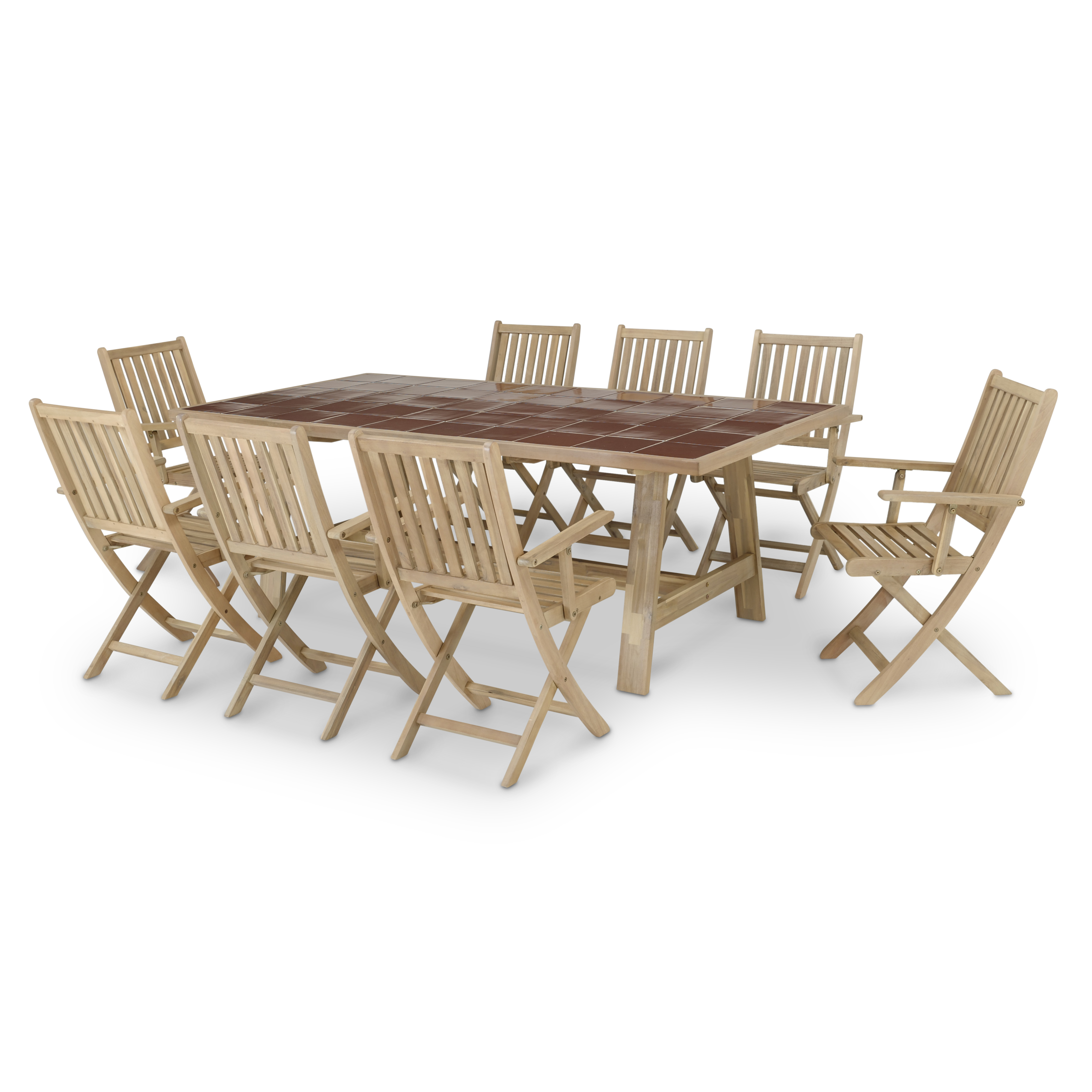 Ensemble table en bois et céramique terre cuite 205x105 + 8 fauteuils