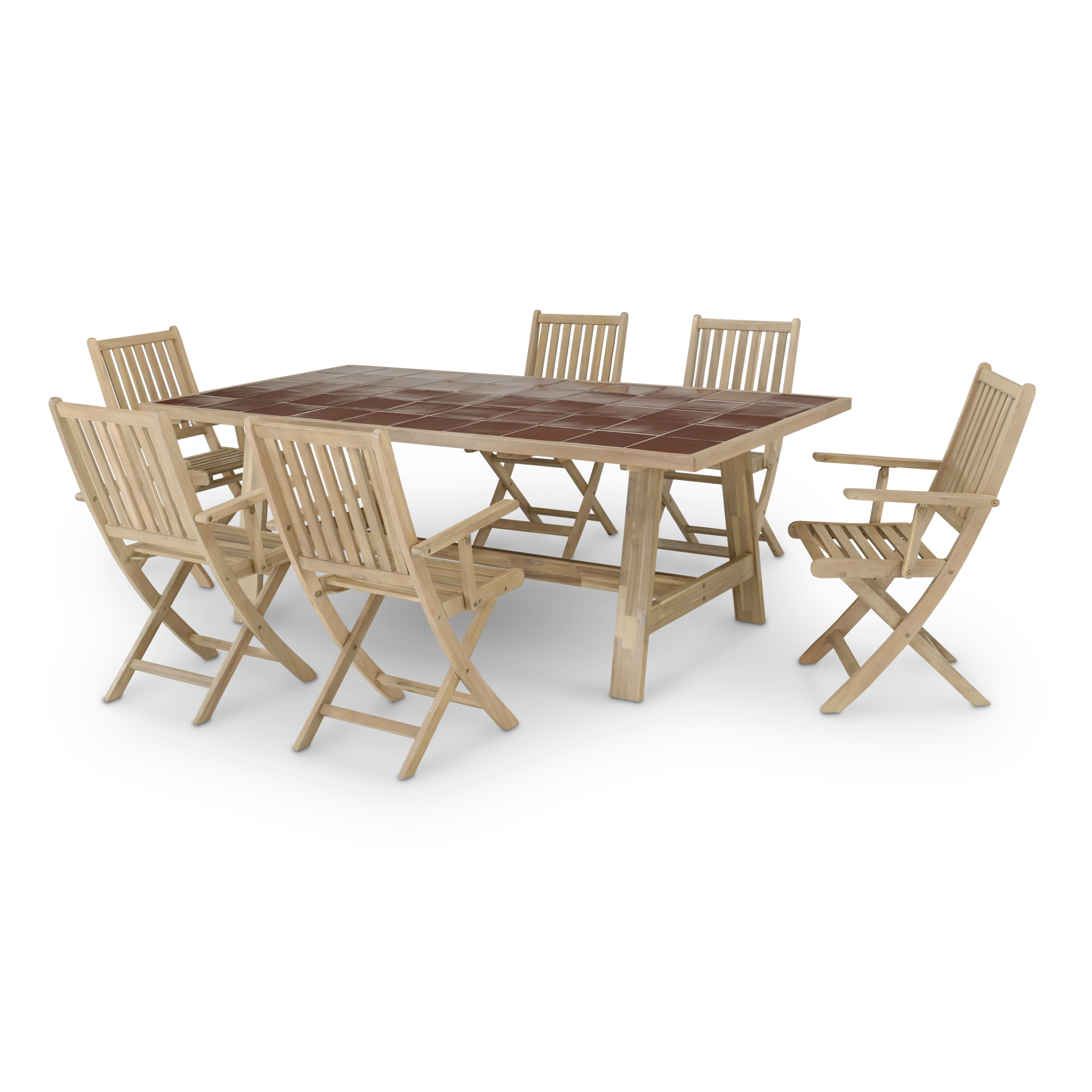 Ensemble table en bois et céramique terre cuite 205x105 + 6 fauteuils