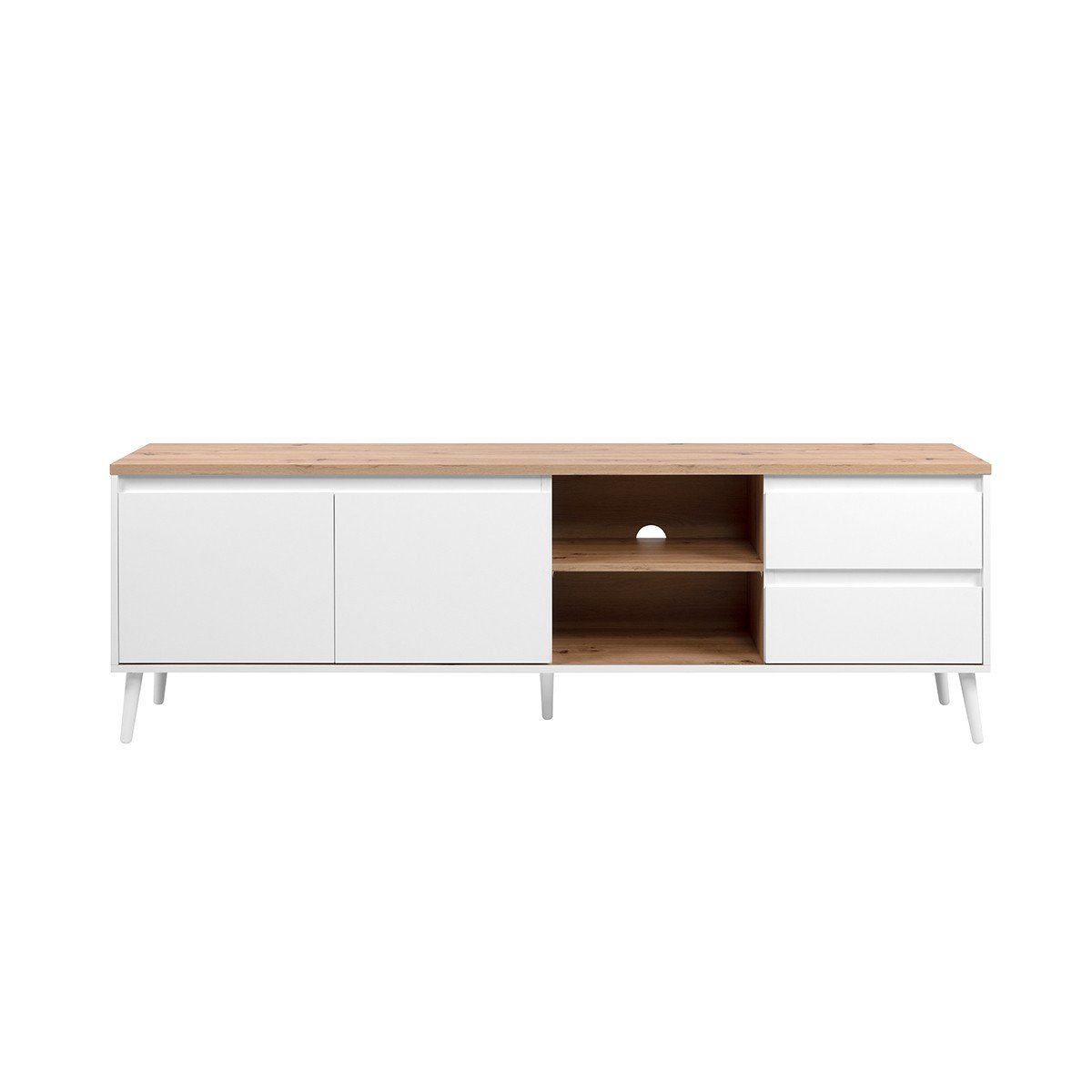 Meuble TV 2 portes, 2 niches et 2 tiroirs effet bois – L186 x H59 cm