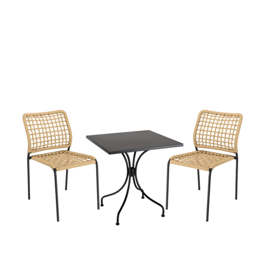 Salon de jardin 2 personnes - 1 table carrée 70cm 2 chaises cordage