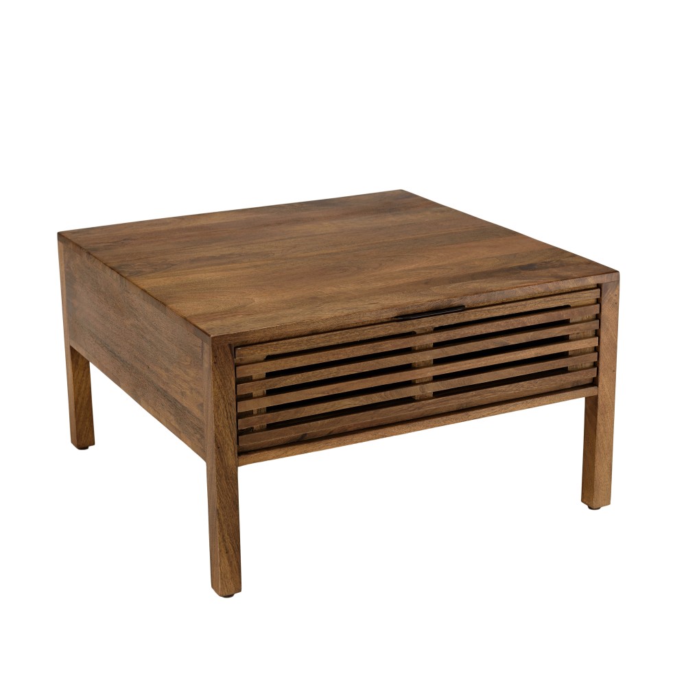 Table basse carrée 70x70cm en bois de manguier 2 tiroirs ajourés