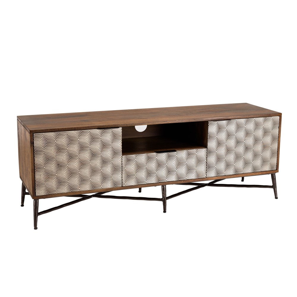 Meuble TV en bois de manguier 2 portes 1 tiroir motifs ethniques