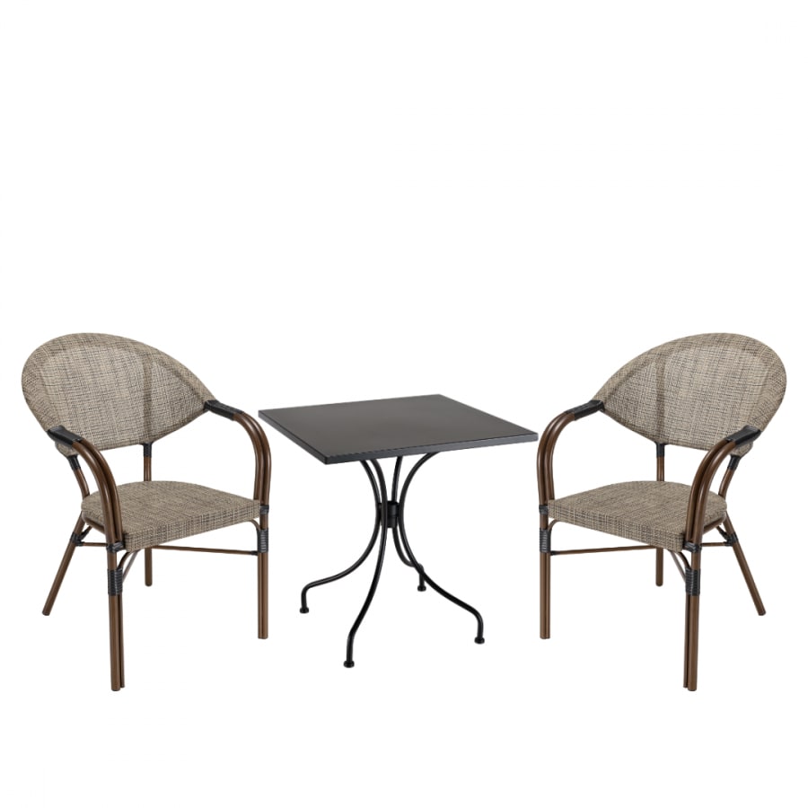 Salon de jardin 2 personnes - 1 table carrée 70cm 2 chaises textilène