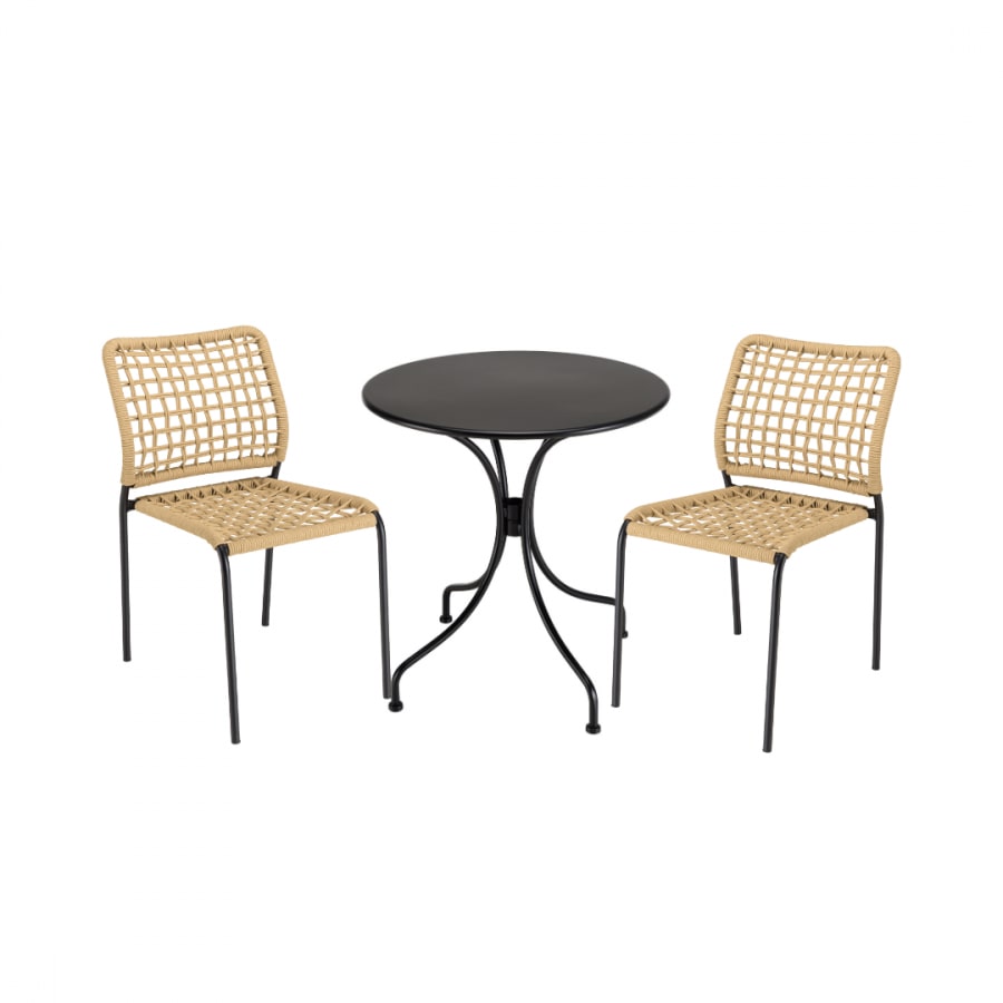 Salon de jardin 2 personnes - 1 table ronde 70cm et 2 chaises cordage