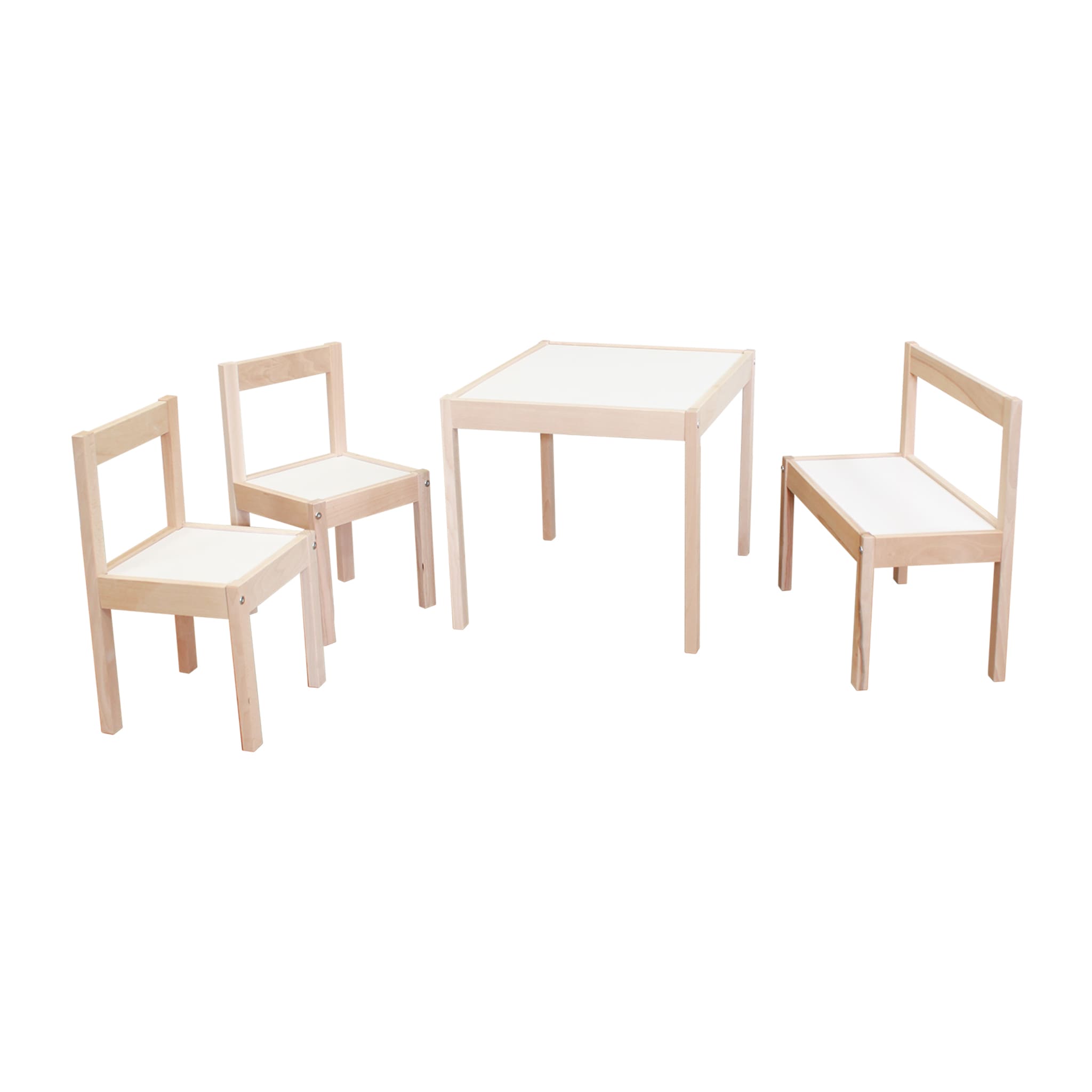 Ensemble table junior, 2 chaises et banc bois massif