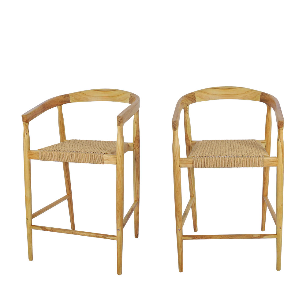 Lot de 2 fauteuils de bar en teck et corde tressé H65cm – Bois clair