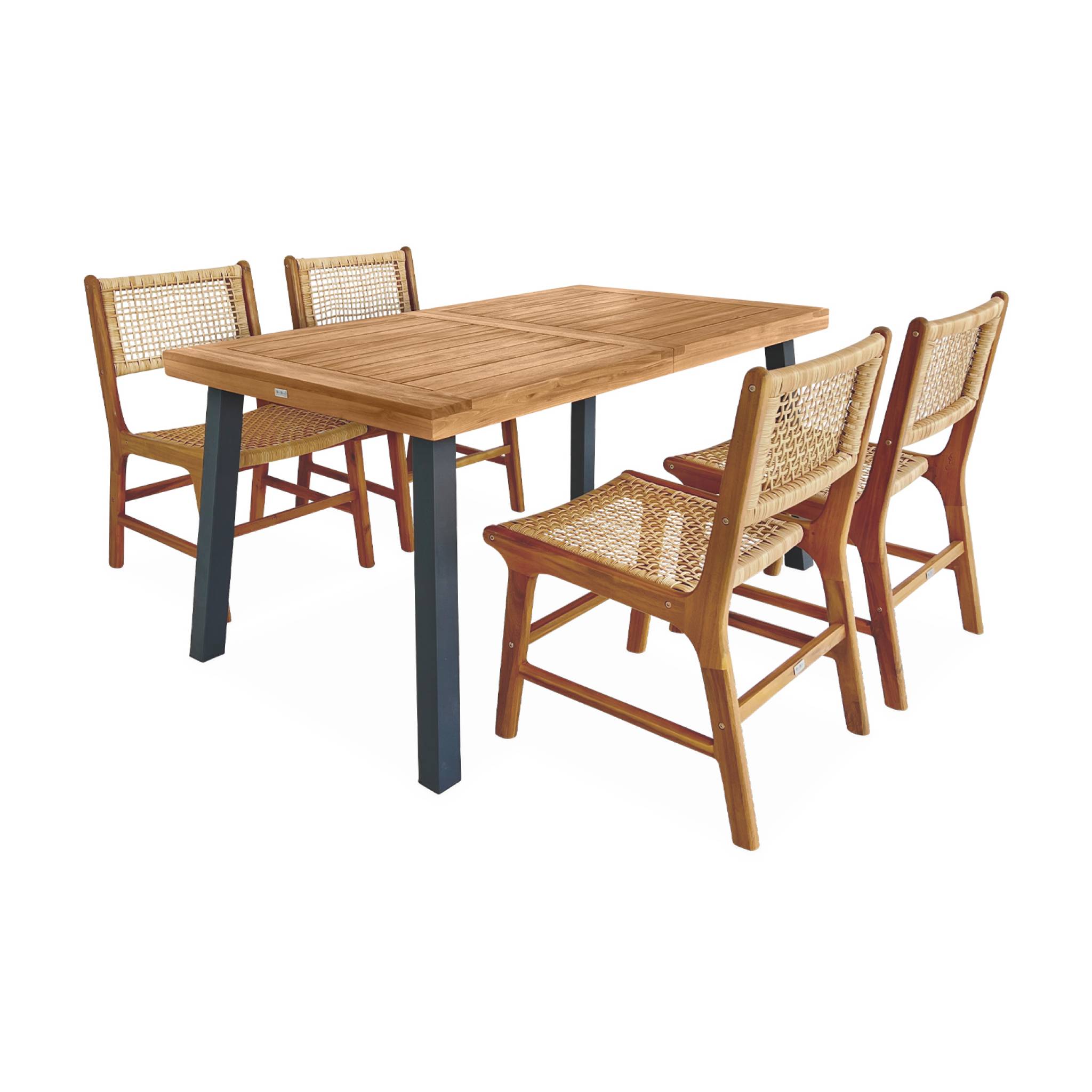 Table 150cm + 4 chaises cannage et bois