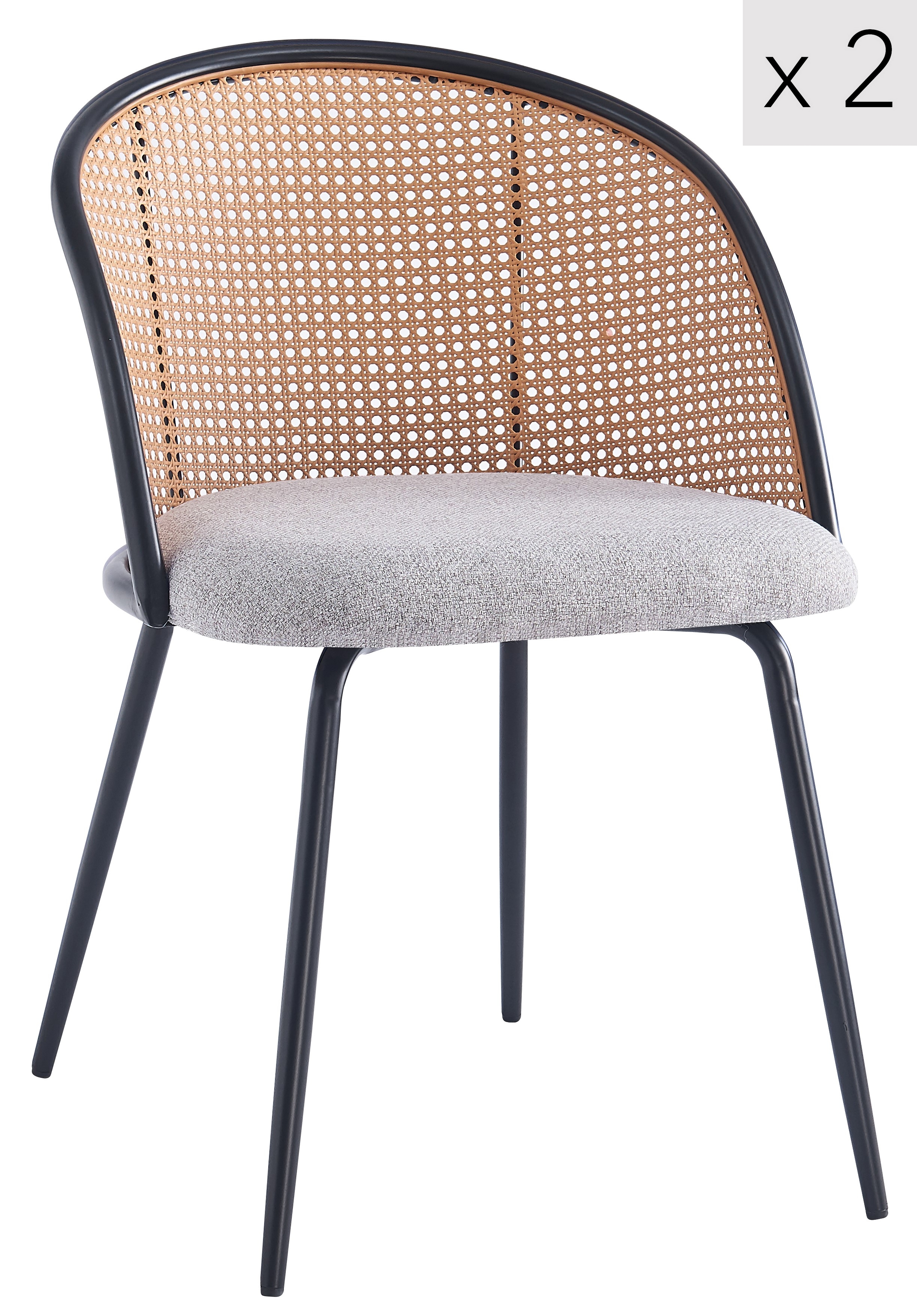 Lot de 2 chaises en métal et cannage avec assise en  tissu gris