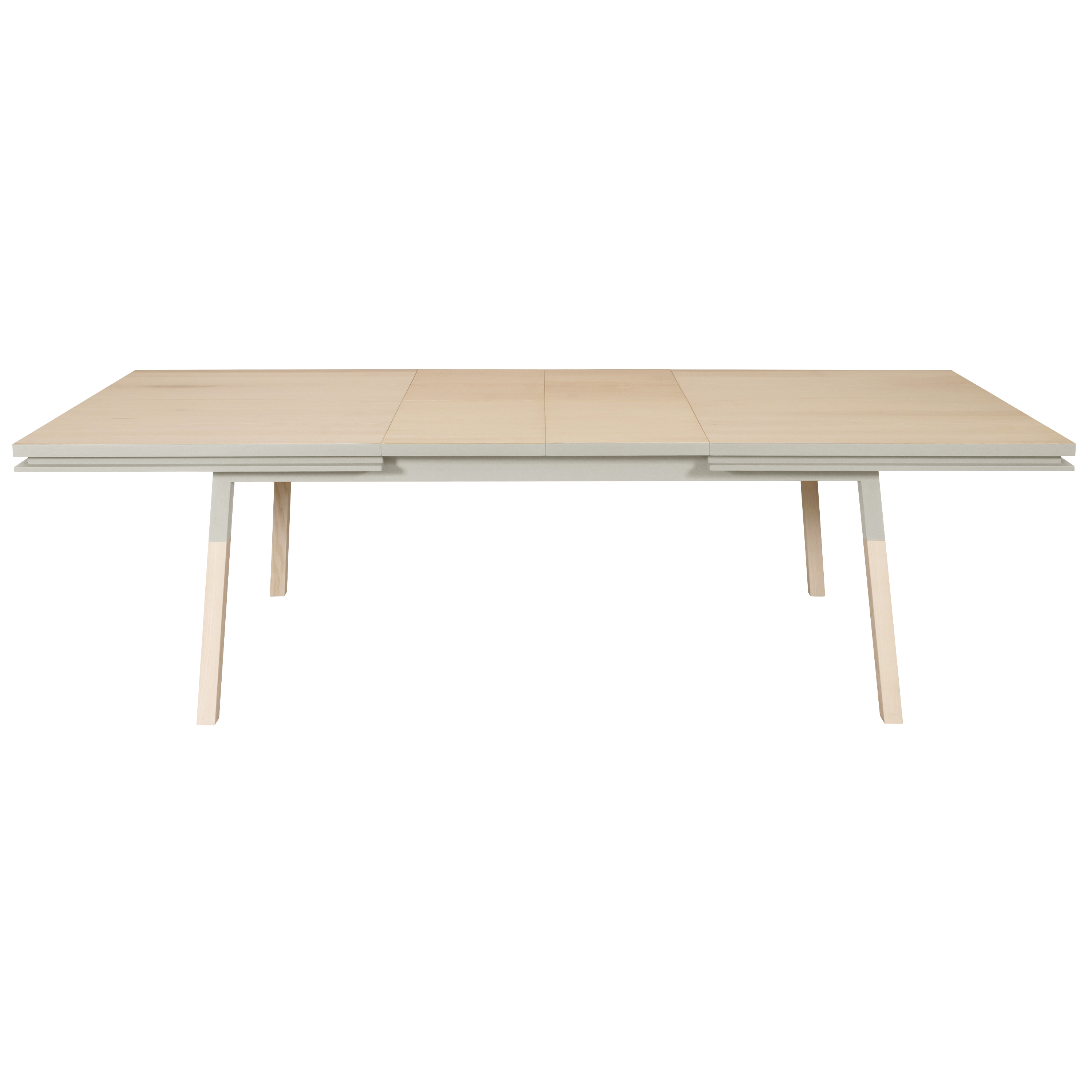 Table 220×120 cm en frêne massif, 2 rallonges gris muscade