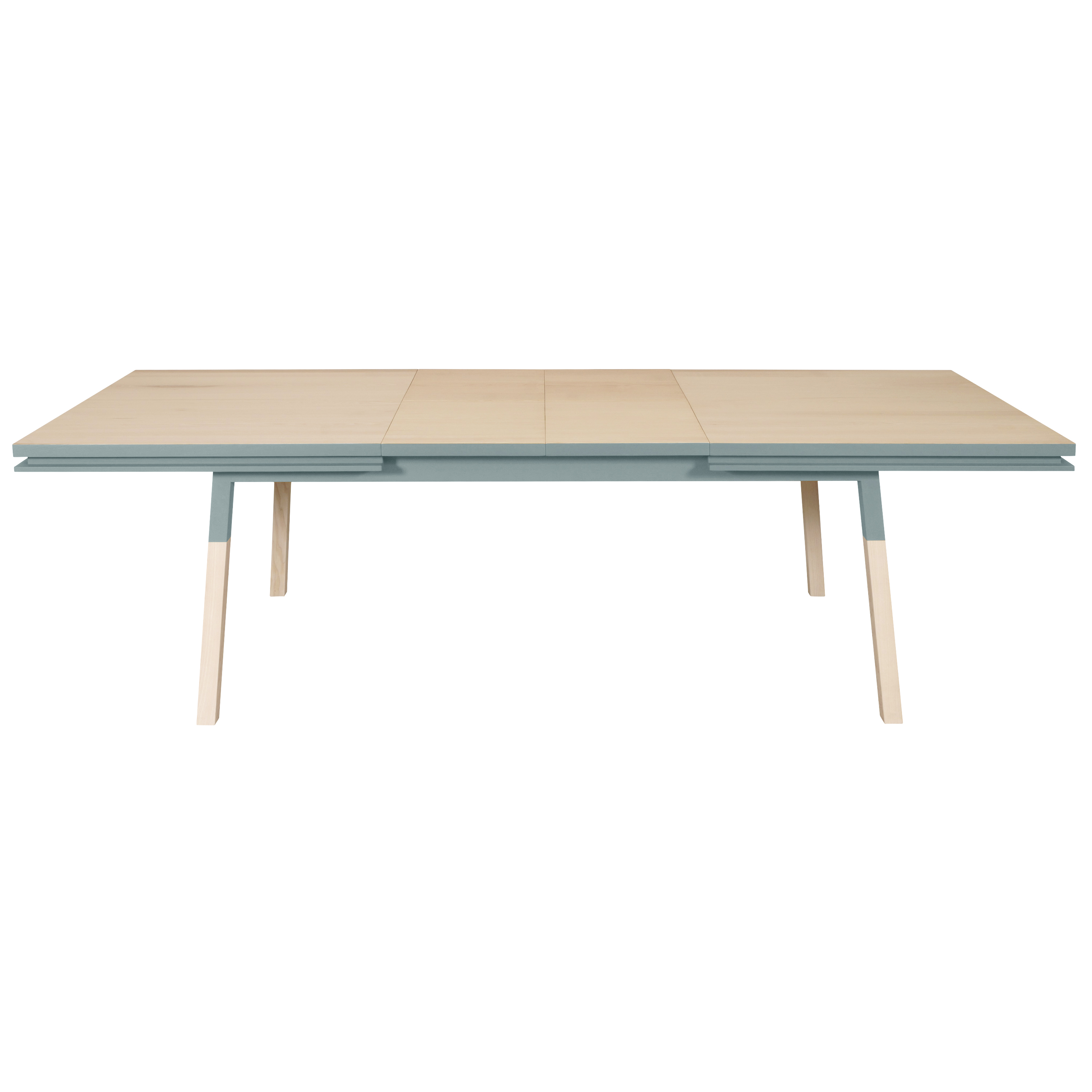 Table 180×100 cm en frêne massif, 2 rallonges bleu gris lehon