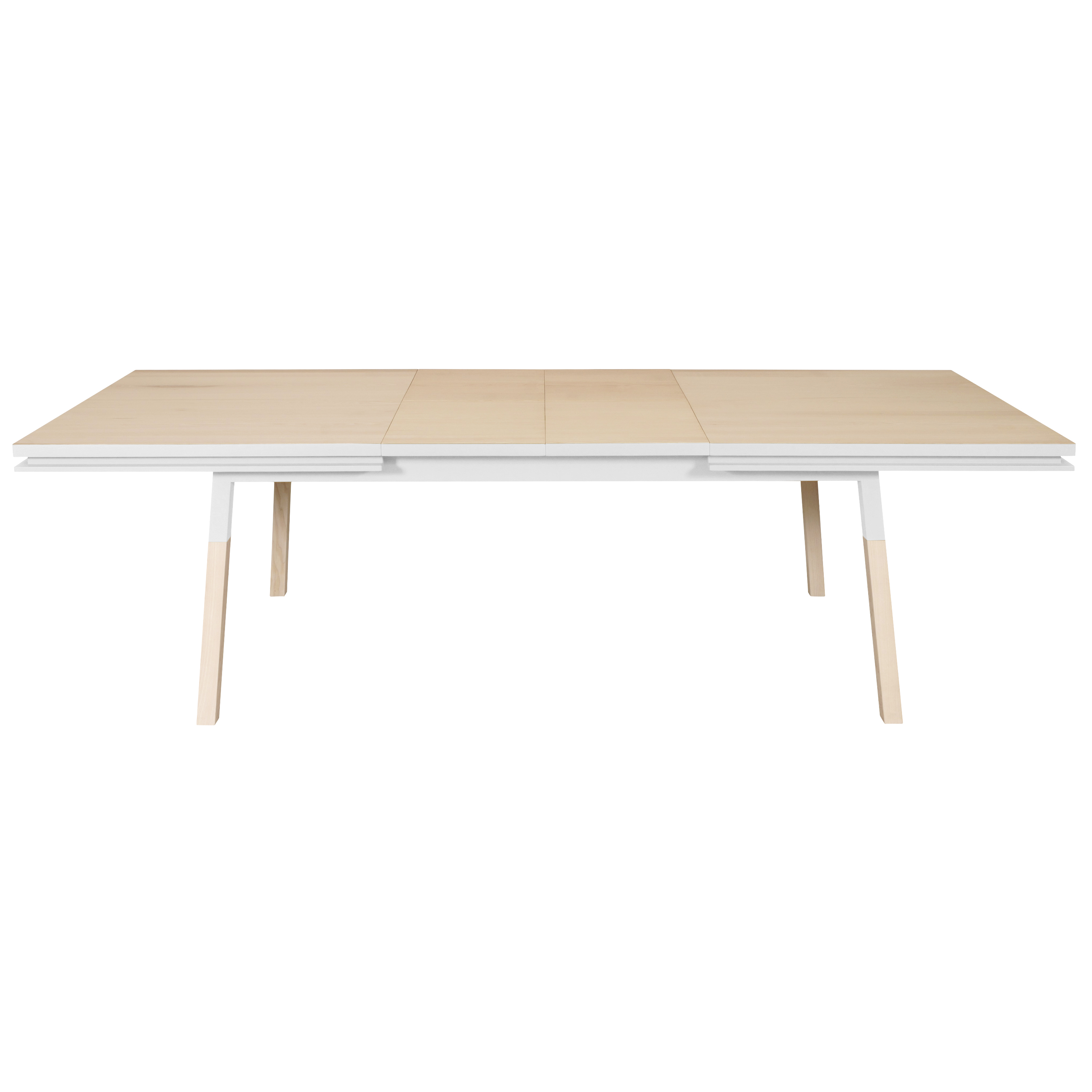 Table 220×120 cm en frêne massif, 2 rallonges blanc balisson