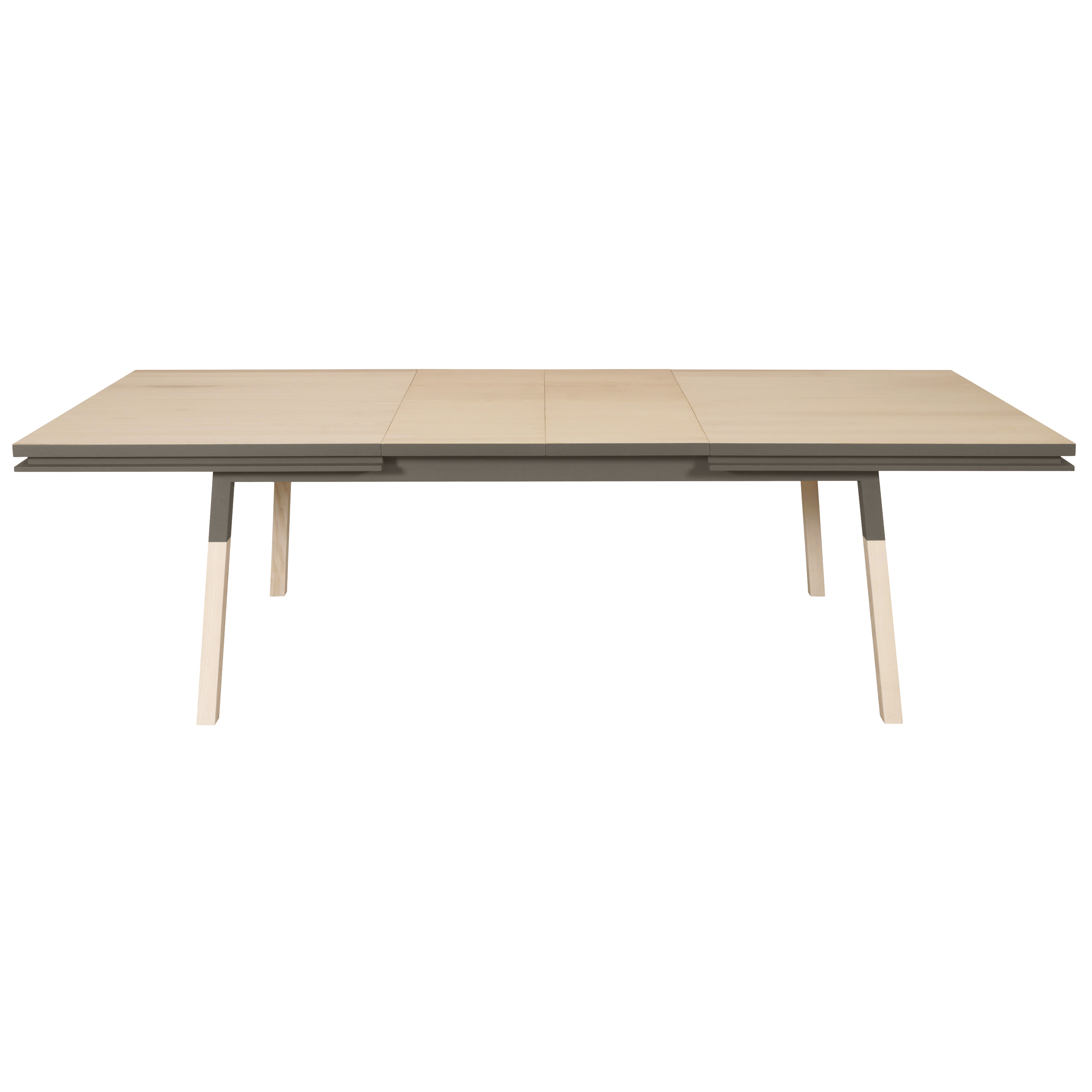 Table 220×120 cm en frêne massif, 2 rallonges gris chocolat tanis