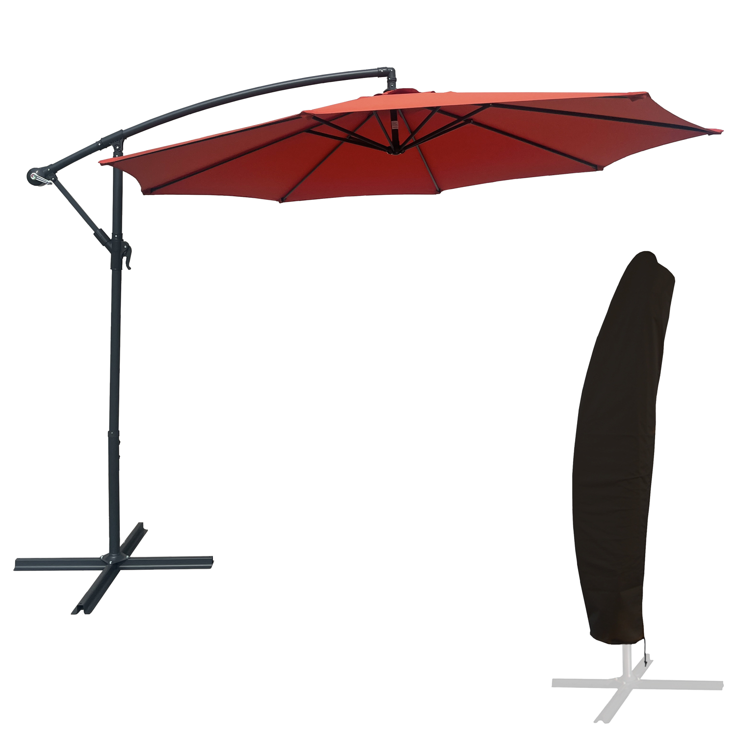 Parasol déporté rond 3m en acier et toile terracotta avec housse