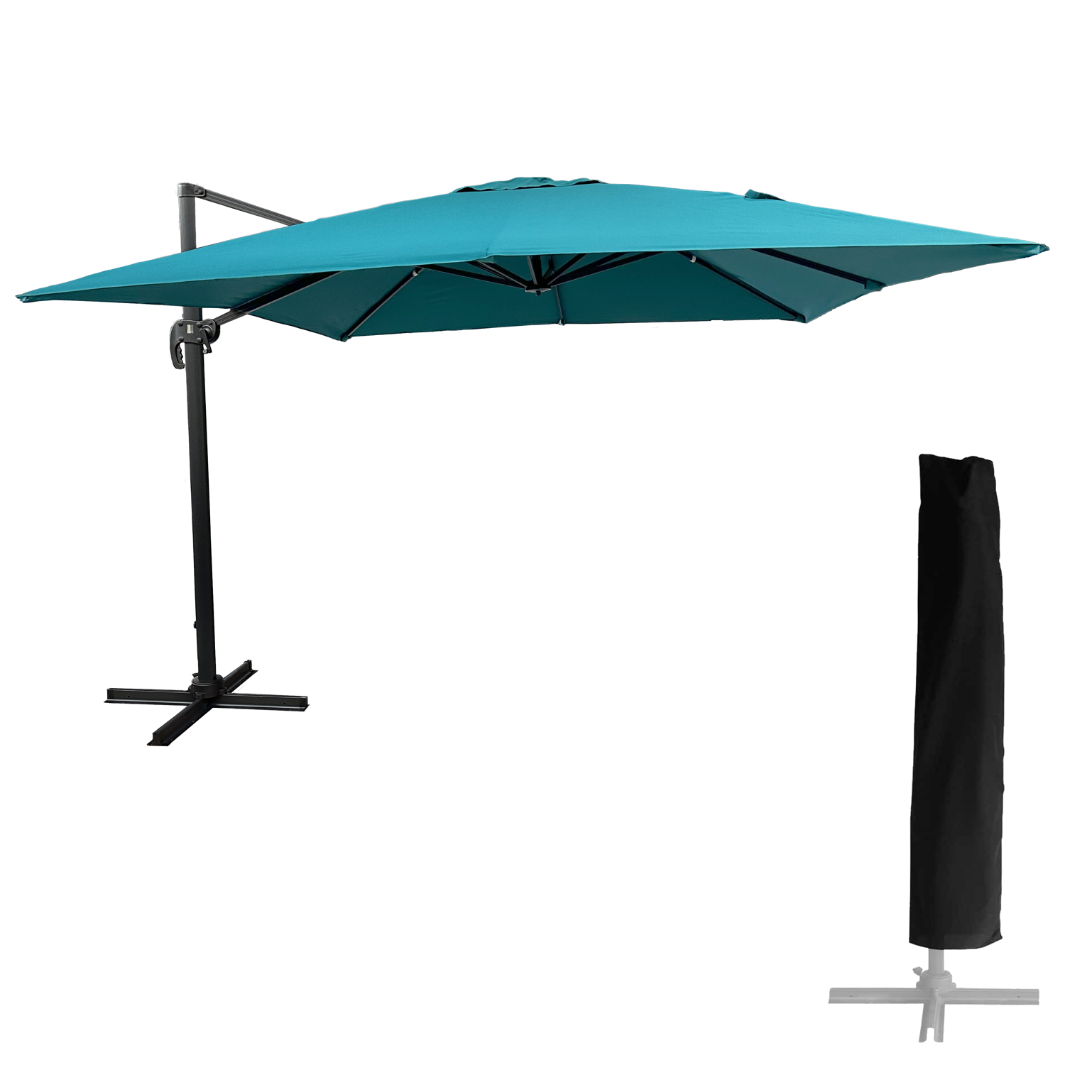 Parasol déporté carré 3x3m aluminium toile bleu avec housse