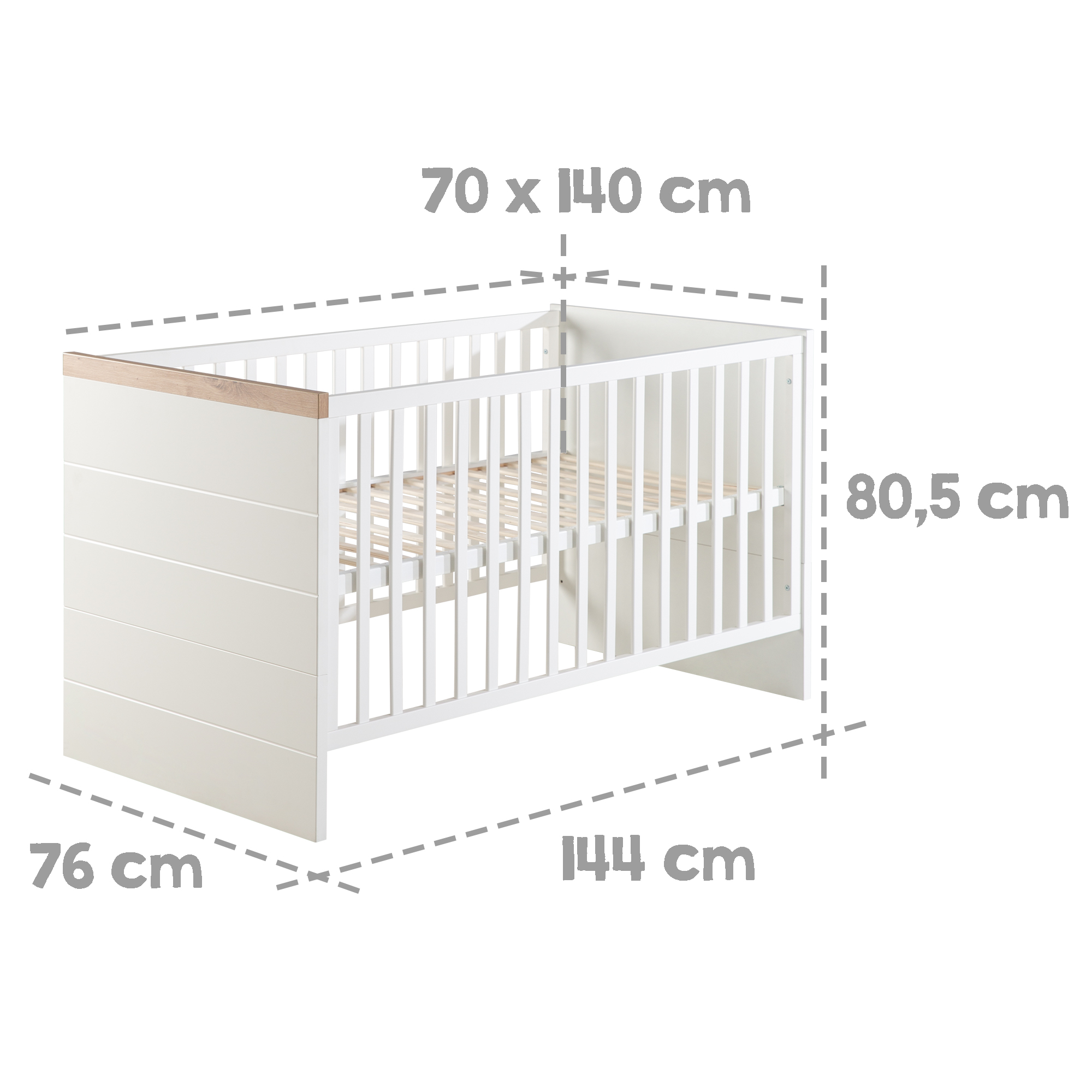 Lit bébé évolutif 70x140 en bois blanc et décor chêne (roba) - Image 3