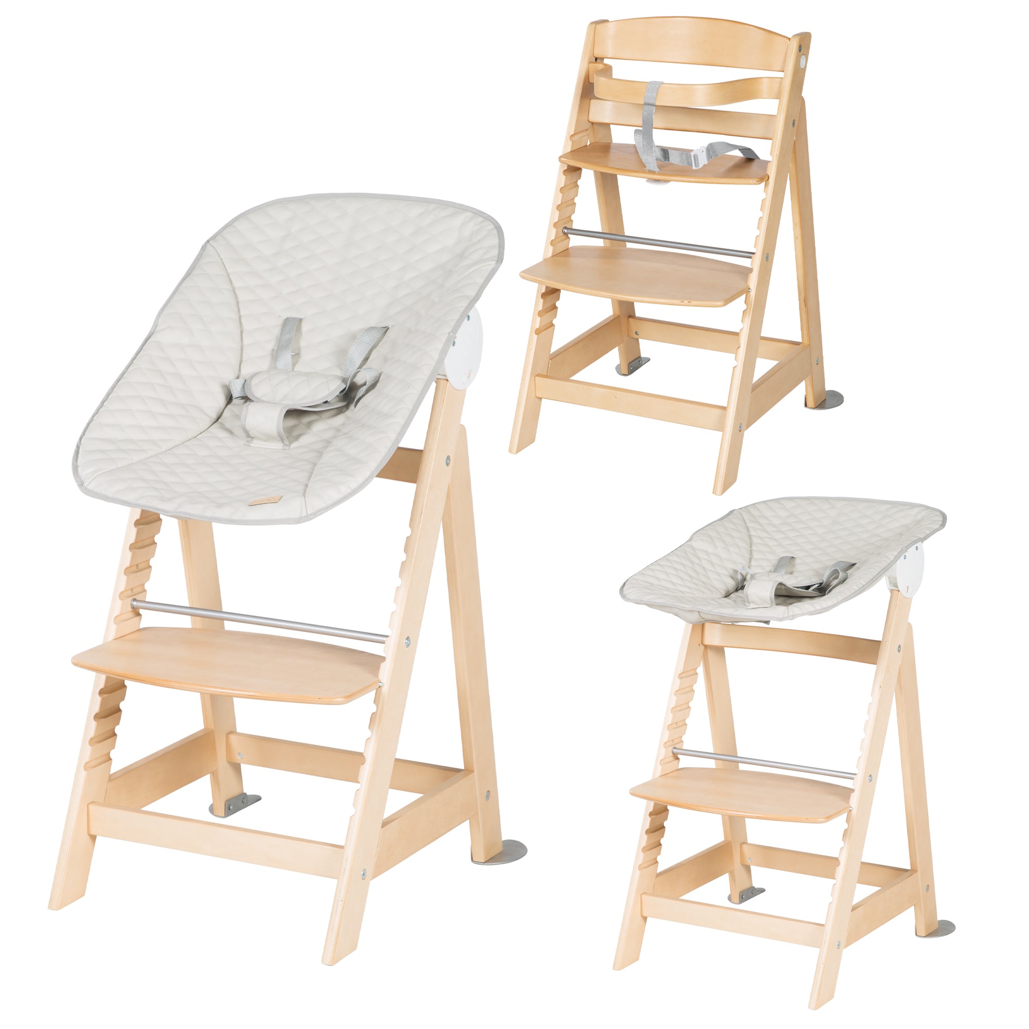 chaise haute avec transat cuir grège inclinable en bois naturel