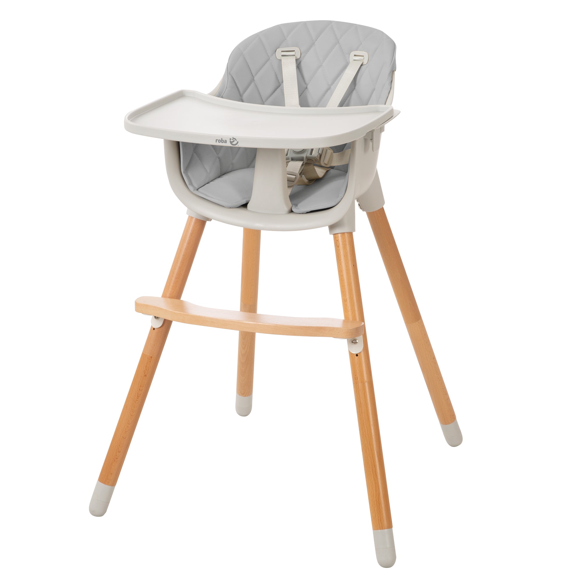 chaise haute bébé avec coussin d'assise en bois et plastique gris