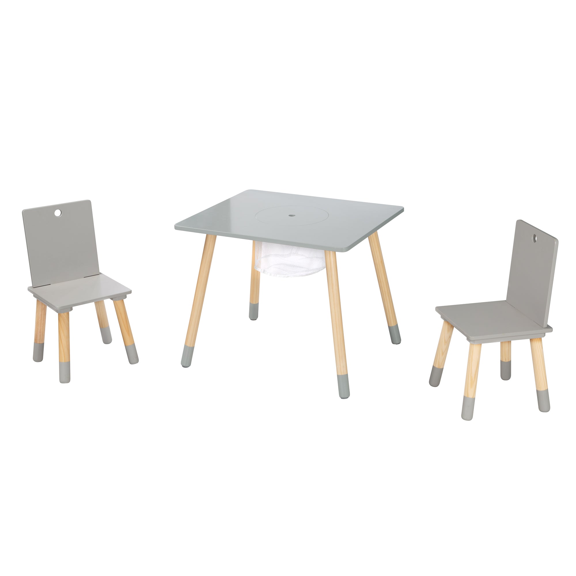 table et 2 chaises enfant en bois gris avec filet de rangement