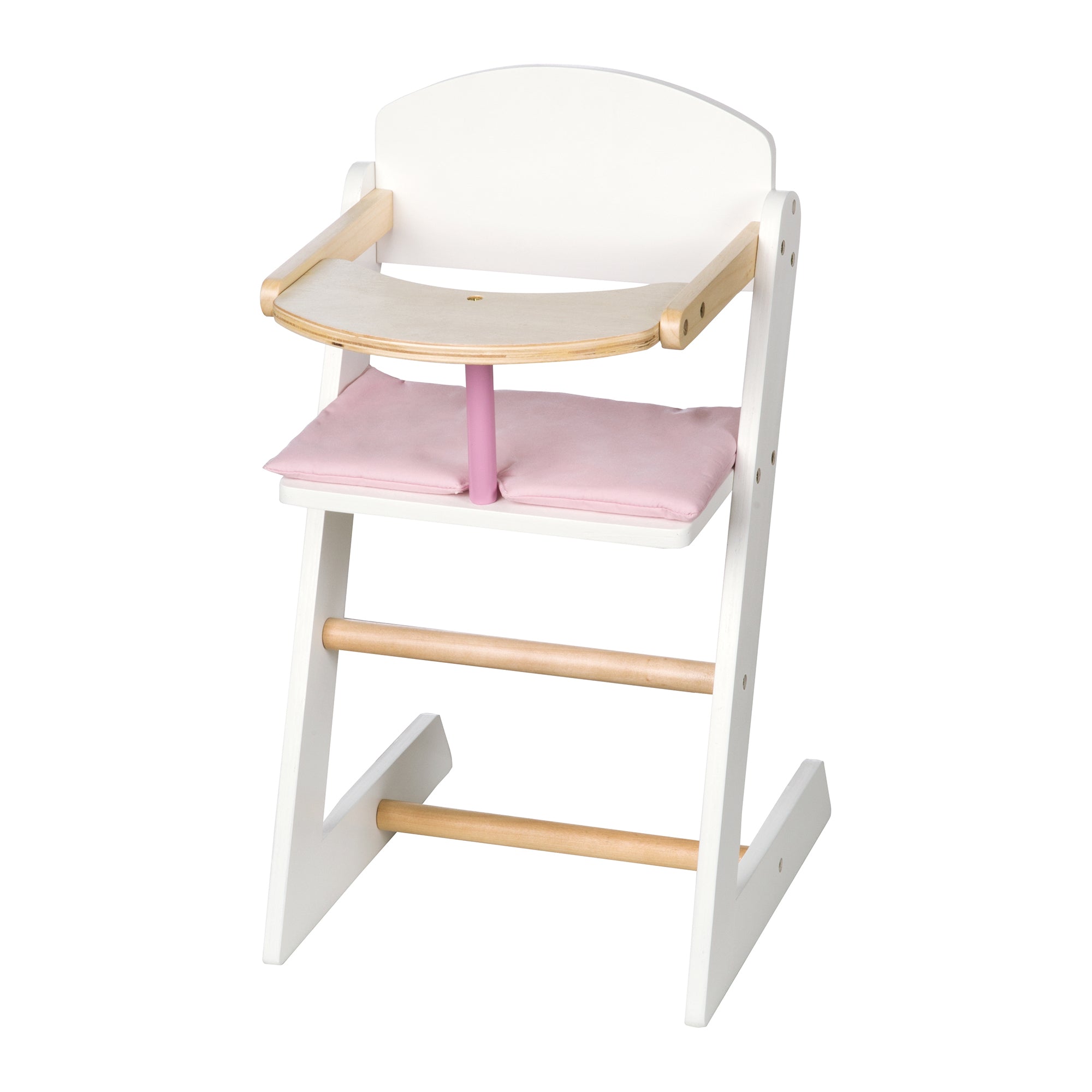 chaise haute de poupée en bois blanc avec coussin rose
