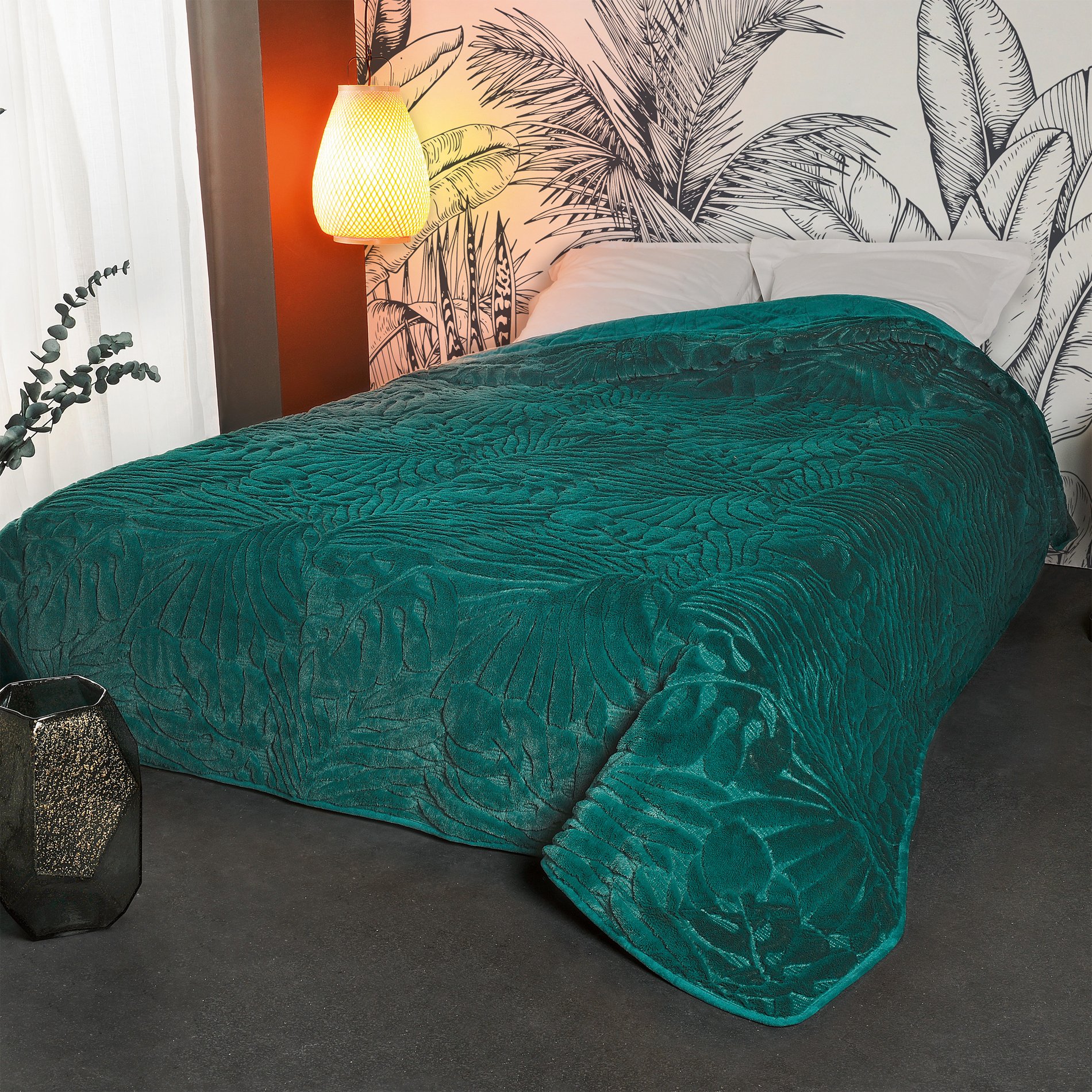 dessus de lit feuillages polyester vert emeraude 150x150cm