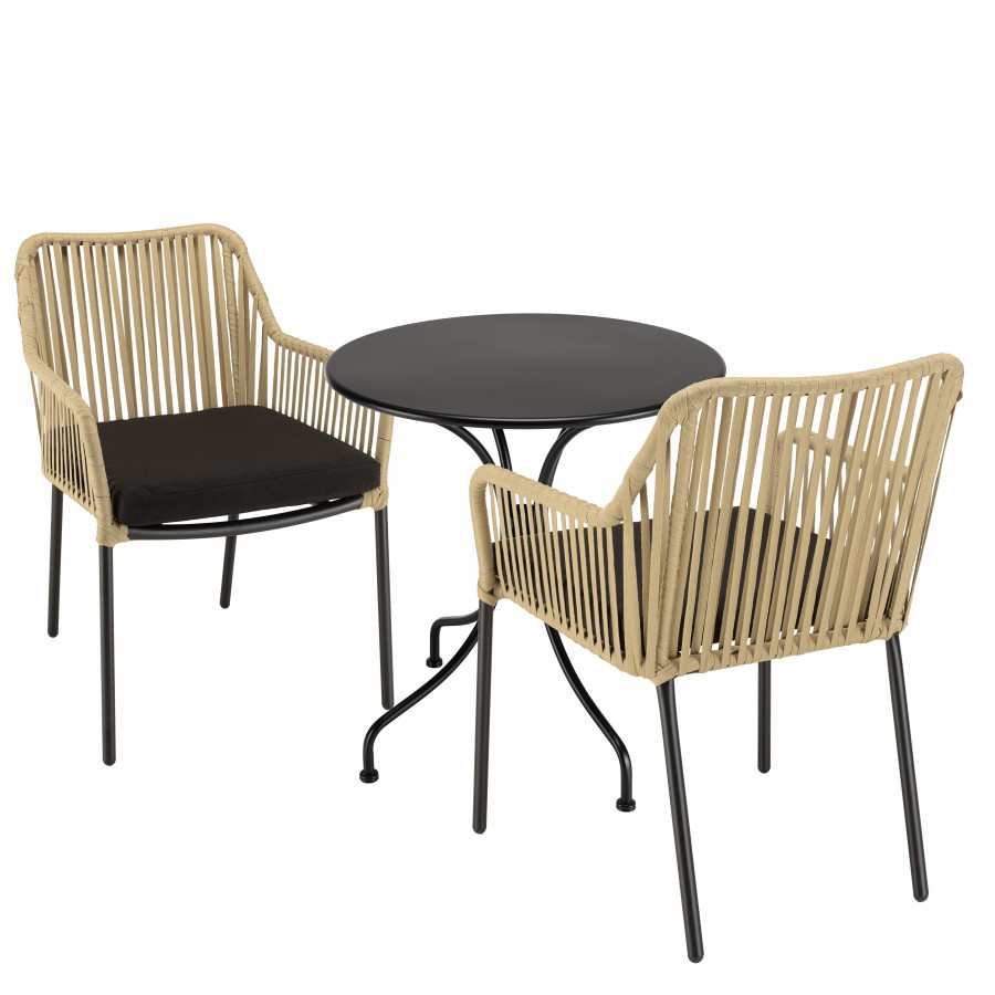 Salon de jardin 2 pers - table ronde D70 et 2 fauteuils beiges/noirs