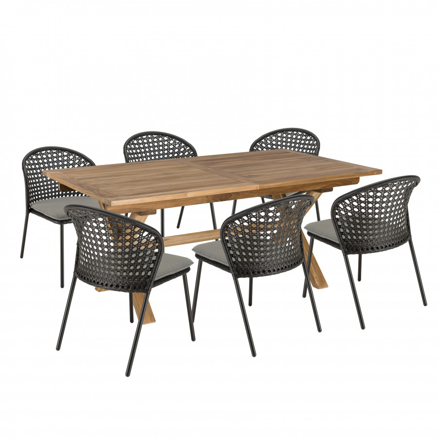 Salon de jardin 6 pers - 1 table rect. 180 x 100cm et 6 chaises grises