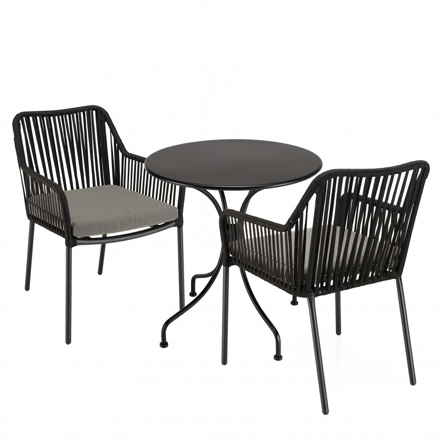 Salon de jardin 2 pers. - table ronde D70 et 2 fauteuils gris et noirs