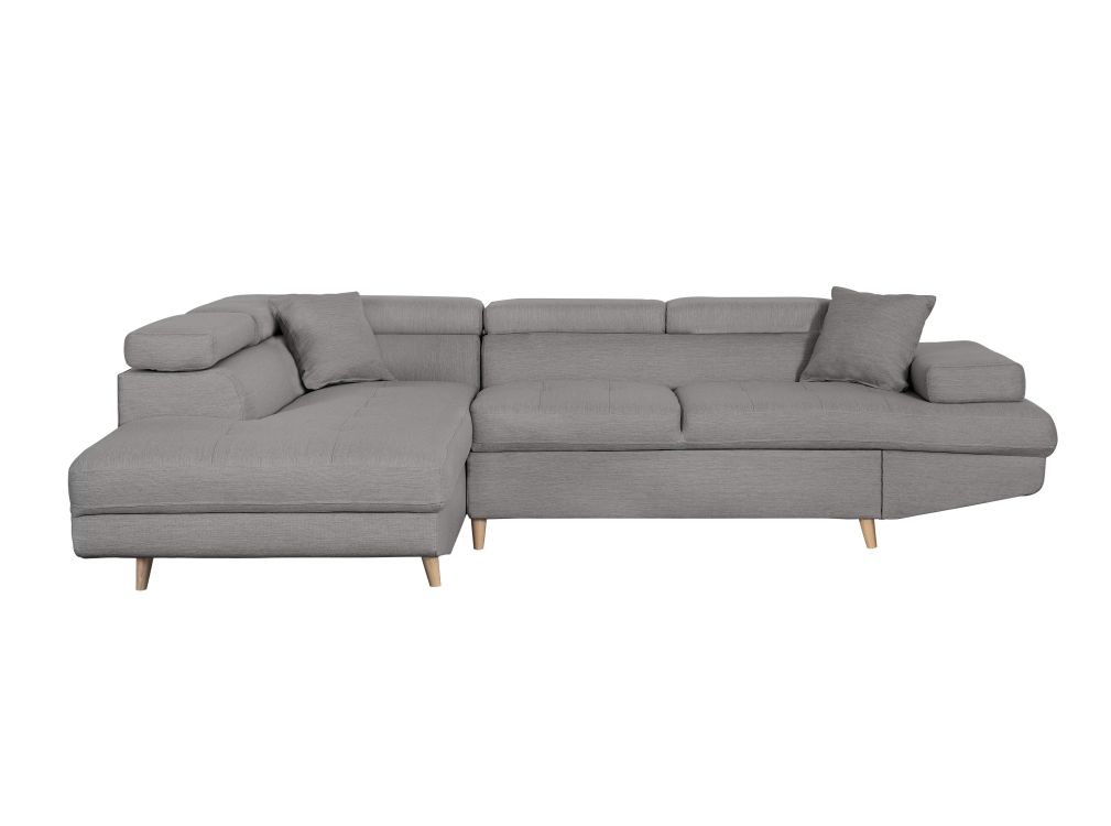Canapé d’angle gauche convertible en tissu – Gris clair – Pieds bois