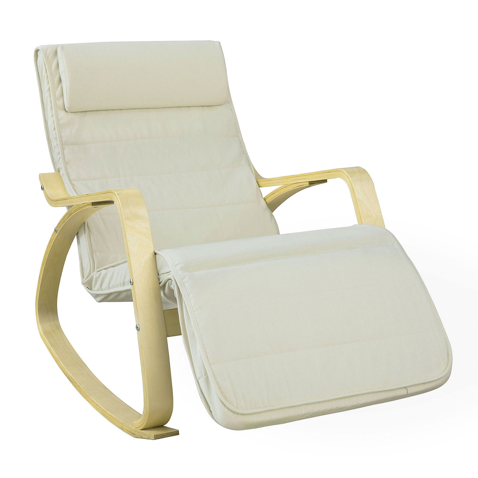 fauteuil à bascule avec repose-pieds réglable en bois et coton beige