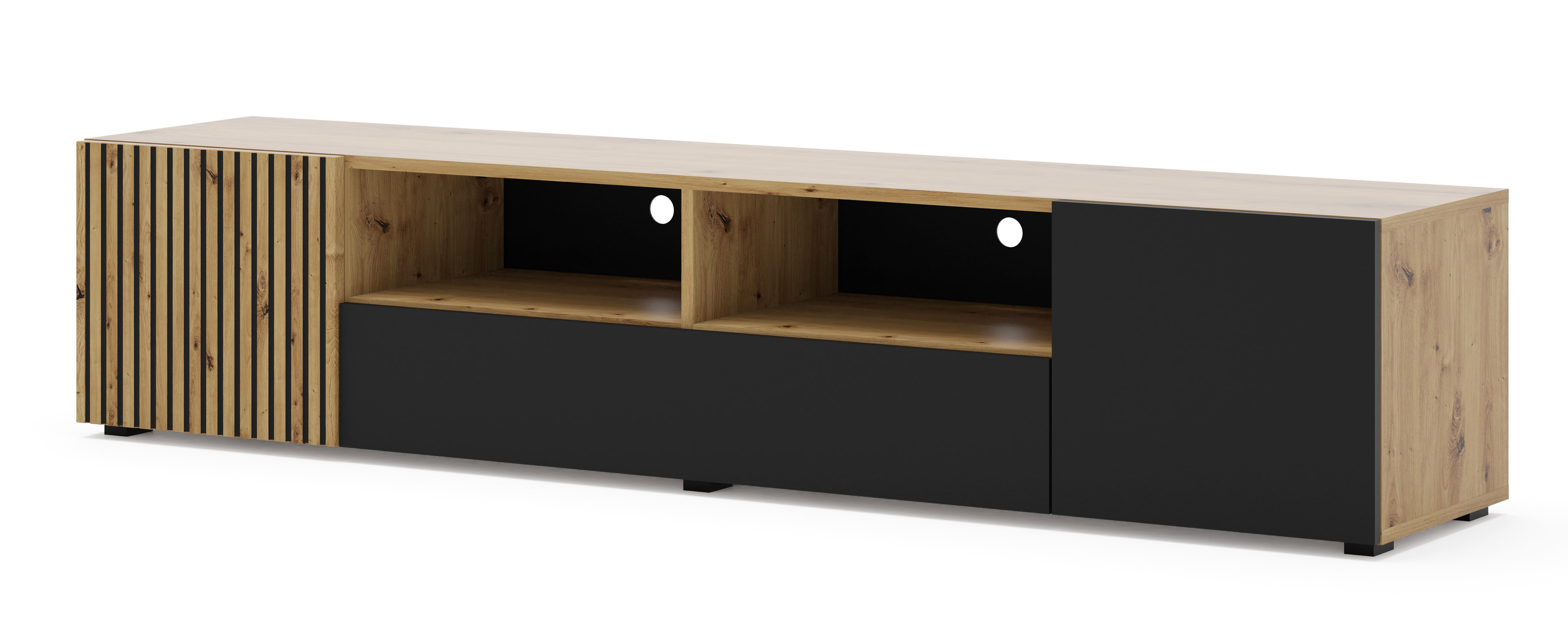 Meuble TV 3 portes 200 cm stratifiés beige et noir