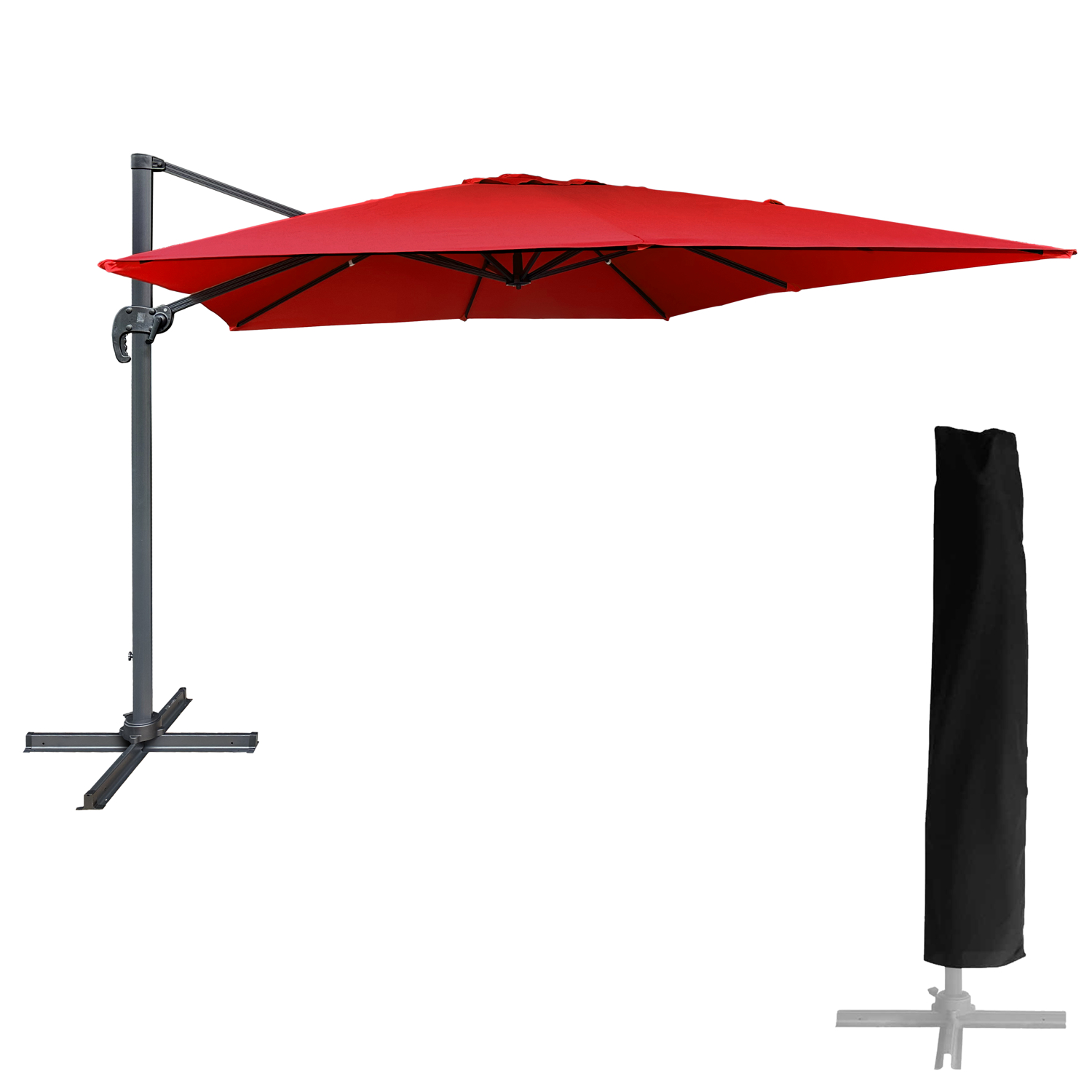 Parasol déporté carré 3x3m aluminium toile rouge avec housse