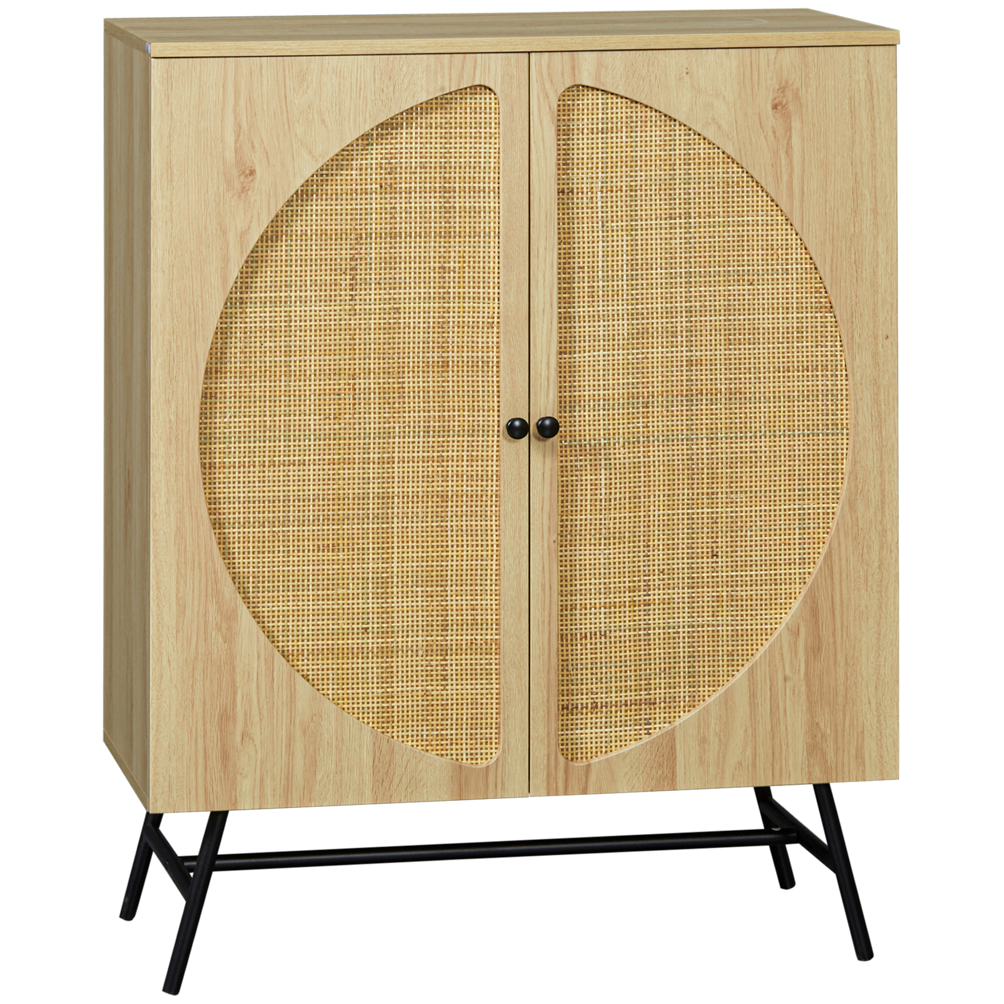 Buffet 2 portes cannage rotin étagère métal noir aspect chêne clair