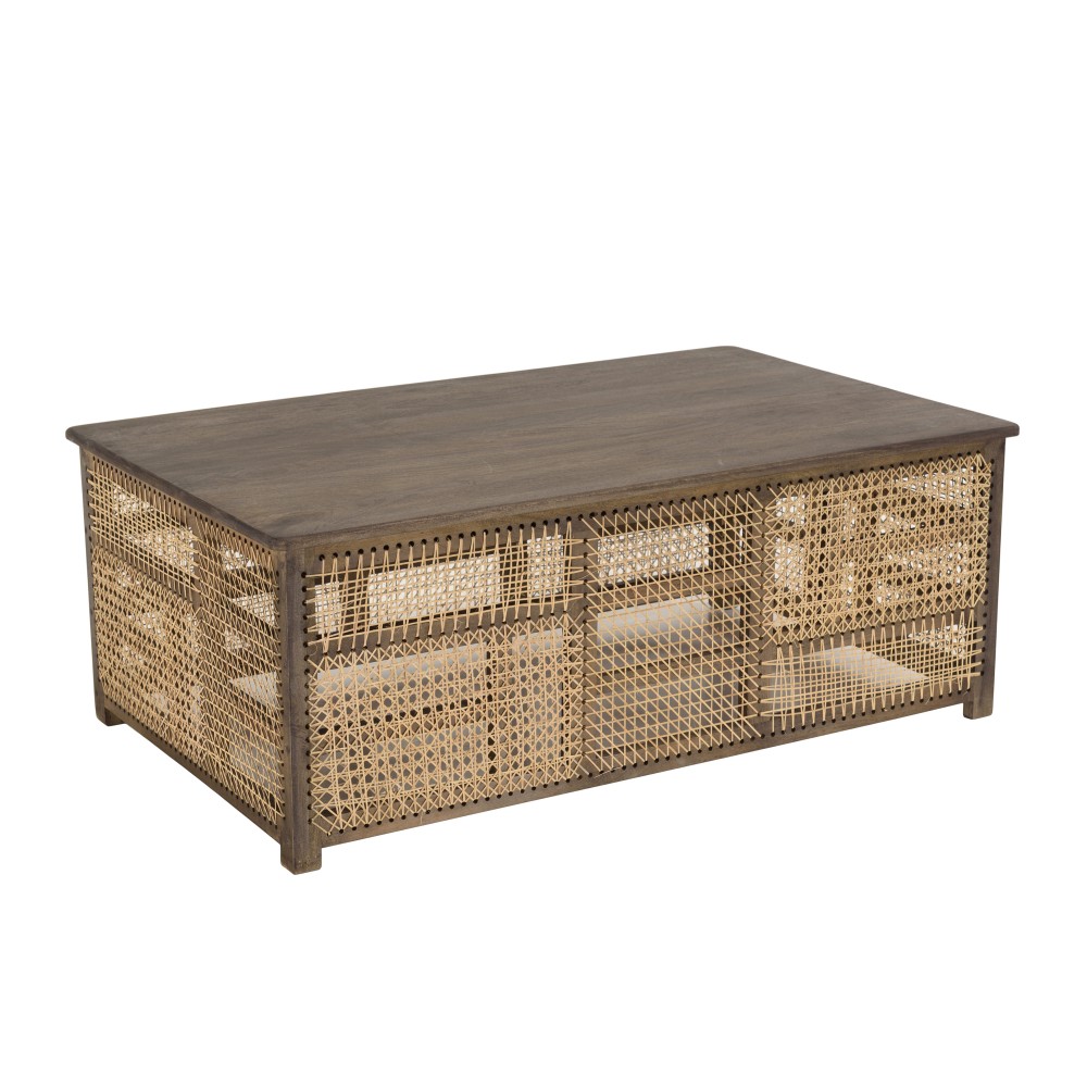 Table basse en bois de manguier foncé, patchwork cannage naturel
